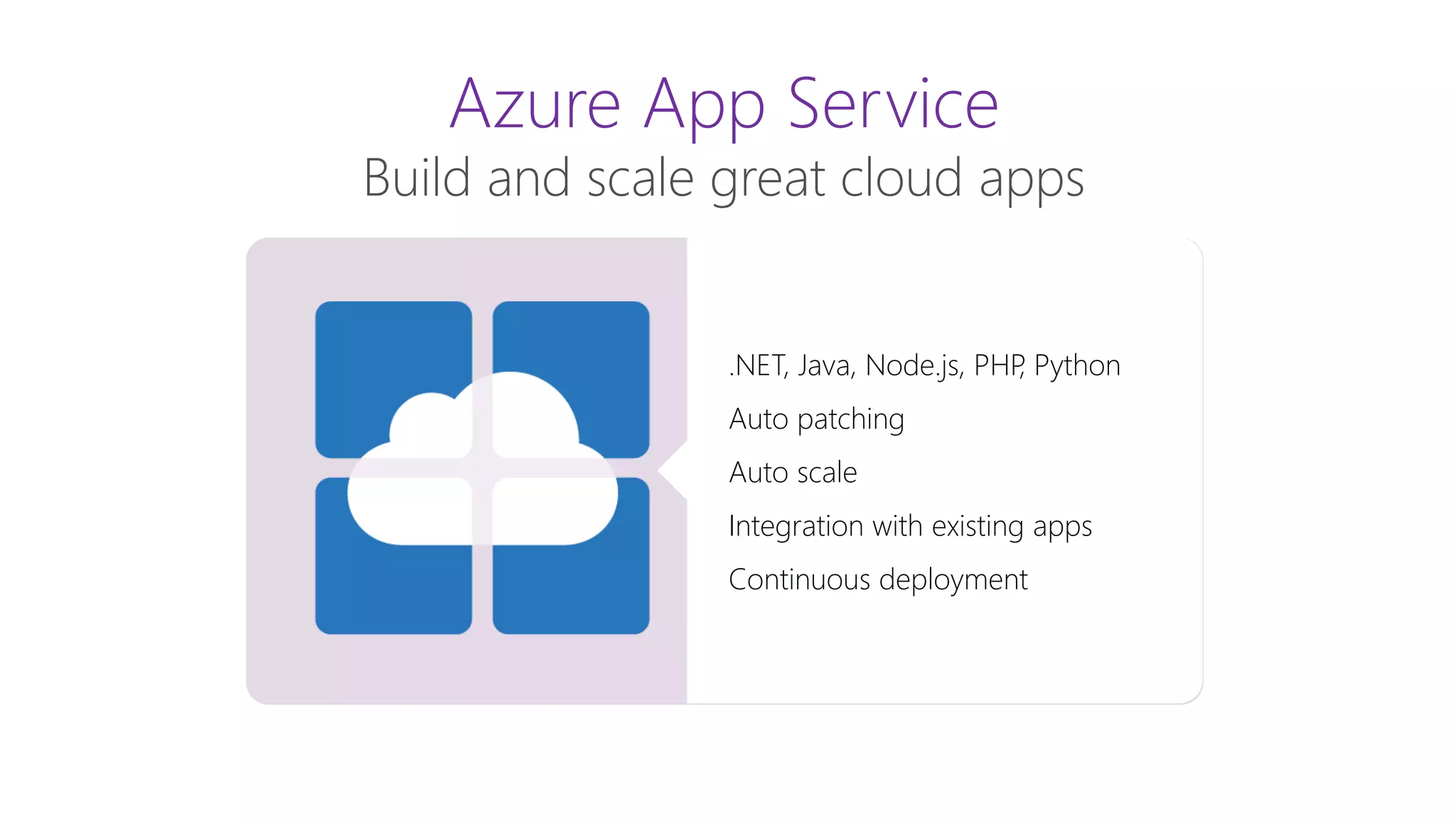 Azure App Service
Build and scale great cloud apps
Web Apps
Mobile Apps
Logic Apps
API Apps
.NET, Java, Node.js, PHP, Python
Auto patching
Auto scale
Integration with existing apps
Continuous deployment
 