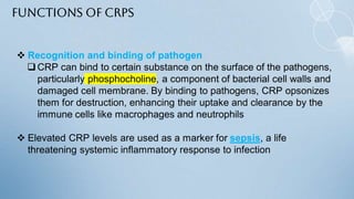 Functions of CRPs
 Recognition and binding of pathogen
 CRP can bind to certain substance on the surface of the pathogens,
particularly phosphocholine, a component of bacterial cell walls and
damaged cell membrane. By binding to pathogens, CRP opsonizes
them for destruction, enhancing their uptake and clearance by the
immune cells like macrophages and neutrophils
 Elevated CRP levels are used as a marker for sepsis, a life
threatening systemic inflammatory response to infection
 
