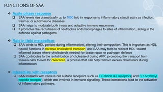 Functions of SAA
 Acute phase response
 SAA levels rise dramatically up to 1000 fold in response to inflammatory stimuli such as infection,
trauma, or autoimmune diseases
 SAA helps to modulate both innate and adaptive immune responses
 It promotes the recruitment of neutrophils and macrophages to sites of inflammation, aiding in the
defence against pathogens
 Role in lipid metabolism
 SAA binds to HDL particle during inflammation, altering their composition. This is important as HDL
typical functions in reverse cholesterol transport, and SAA may help to redirect HDL toward
inflamed tissues where cholesterols needed for tissue repair or pathogen defence
 SAA contributes to the redistribution of cholesterol during APR, promoting the transport from
tissues back to liver for clearance, a process that can help remove excess cholesterol during
inflammation
 Interaction with receptors
 SAA interacts with various cell surface receptors such as TLRs(toll like receptors) and FPR2(formyl
peptide receptor), which are involved in immune signalling. These interactions lead to the activation
of inflammatory pathways.
 