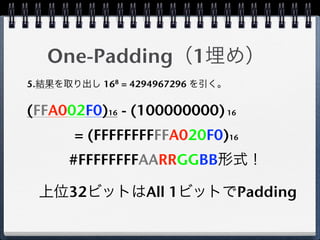 One-Padding 1
5.         168 = 4294967296


(FFA002F0)16 - (100000000) 16
       = (FFFFFFFFFFA020F0)16
      #FFFFFFFFAARRGGBB

      32           All 1        Padding
 