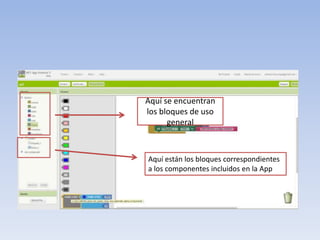 Aquí se encuentran
los bloques de uso
general
Aquí están los bloques correspondientes
a los componentes incluidos en la App