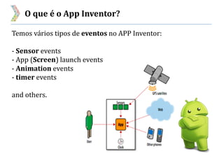 O que é o App Inventor?
Temos vários tipos de eventos no APP Inventor:
- Sensor events
- App (Screen) launch events
- Animation events
- timer events
and others.
 