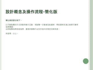 設計概念及操作流程-簡化版
簡化版的部分如下。
以不斷點擊的方式與動物進行互動，每點擊一次會增加能量條，帶能量條充滿以後便可獲得
抽獎機會。
此時點擊抽獎按鈕抽獎，畫面則會顯示出你所抽中的角色及稀有度。
就這樣，以上。
 