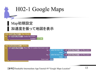 13
H02-1 Google Maps
【参考】Thunkable Intermediate App Tutorial #9 "Google Maps Location"
▌ Map初期設定
▌ 加速度を振って地図を表示
 