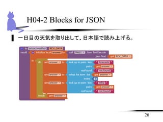 ▌ 一日目の天気を取り出して、日本語で読み上げる。
20
H04-2 Blocks for JSON
 
