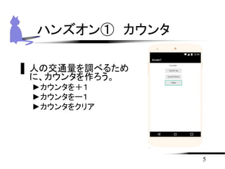 5
ハンズオン① カウンタ
▌ 人の交通量を調べるため
に、カウンタを作ろう。
►カウンタを＋１
►カウンタをー１
►カウンタをクリア
 
