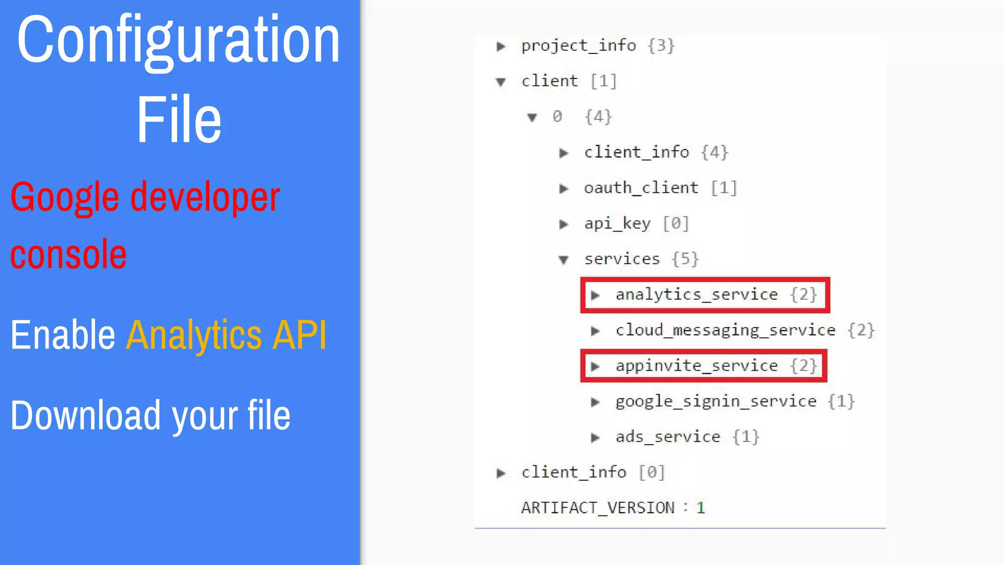Configuration
File
Google developer
console
Enable Analytics API
Download your file
 