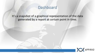 Dashboard
It's a snapshot of a graphical representation of the data
generated by a report at certain point in time.
 