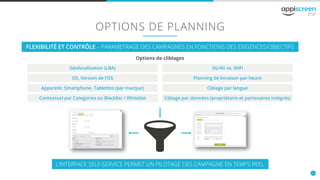 8
OPTIONS DE PLANNING
FLEXIBILITÉ ET CONTRÔLE – PARAMETRAGE DES CAMPAGNES EN FONCTIONS DES EXIGENCES/OBJECTIFS
L’INTERFACE SELF-SERVICE PERMET UN PILOTAGE DES CAMPAGNE EN TEMPS REEL
Options de cliblages
Géolocalisation (LBA) 3G/4G vs. WIFI
Appareils: Smartphone, Tablettes (par marque) Ciblage par langue
OS, Version de l’OS Planning de livraison par heure
Contextuel par Categories ou Blacklist / Whitelist Ciblage par données (propriétaire et partenaires intégrés)
 