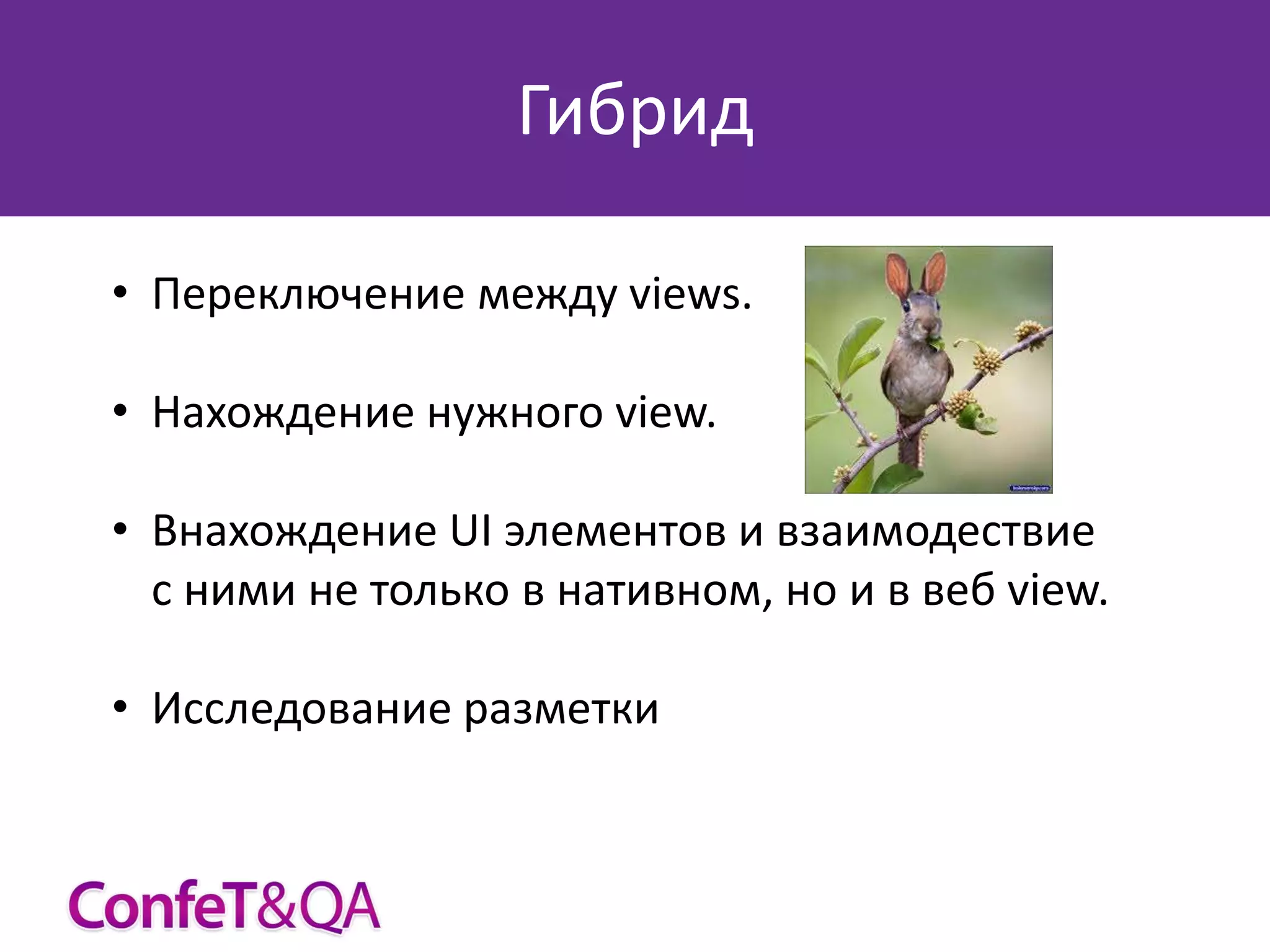 Гибрид
• Переключение между views.
• Нахождение нужного view.
• Внахождение UI элементов и взаимодествие
с ними не только в нативном, но и в веб view.
• Исследование разметки

 