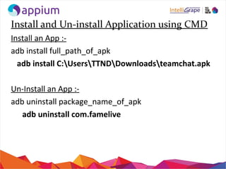 Install and Un-install Application using CMD
Install an App :-
adb install full_path_of_apk
adb install C:UsersTTNDDownloadsteamchat.apk
Un-Install an App :-
adb uninstall package_name_of_apk
adb uninstall com.famelive
 