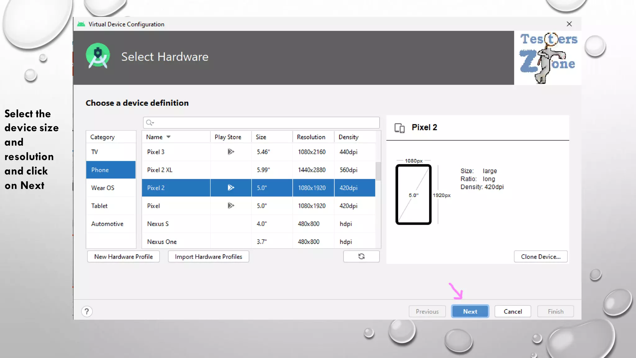 Select the
device size
and
resolution
and click
on Next
 