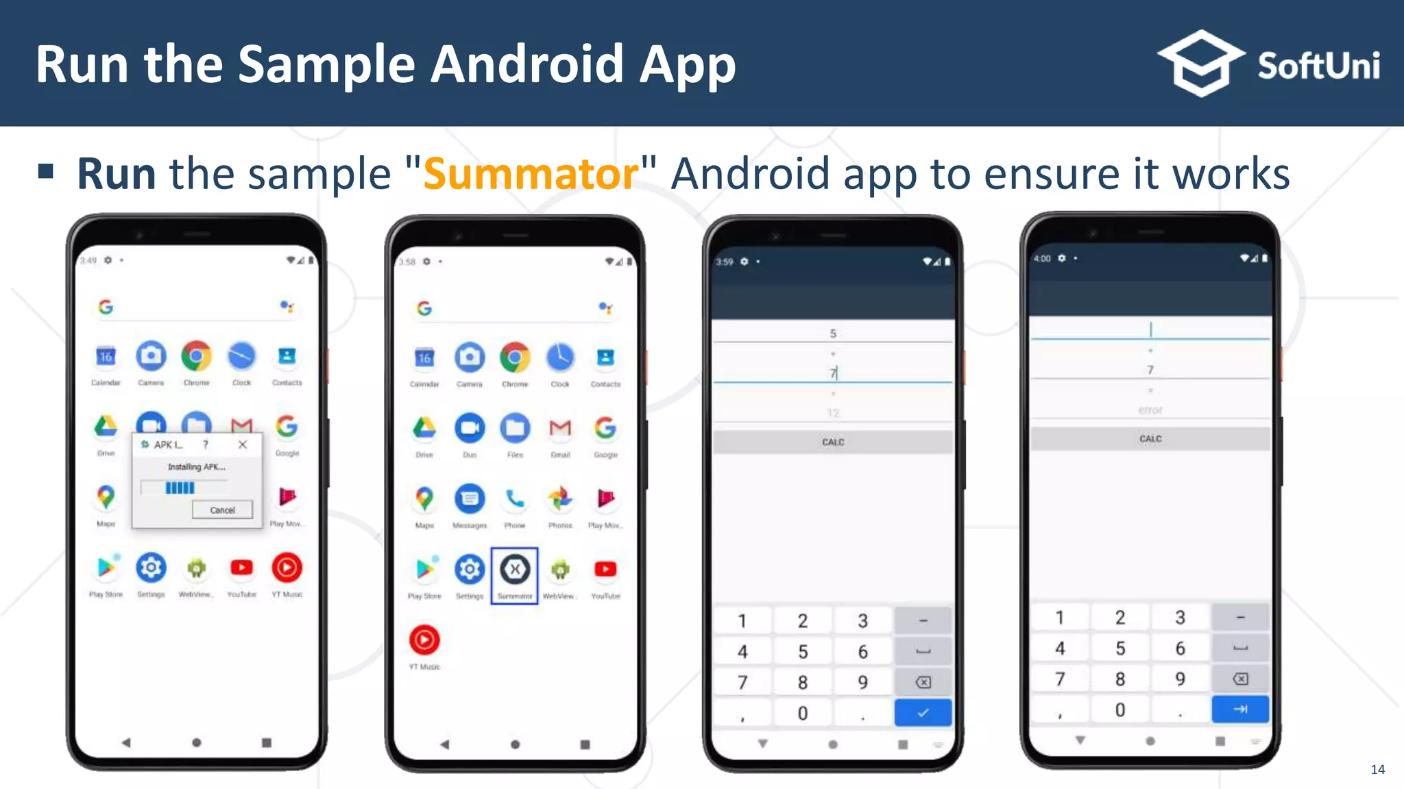  Run the sample "Summator" Android app to ensure it works
Run the Sample Android App
14
 