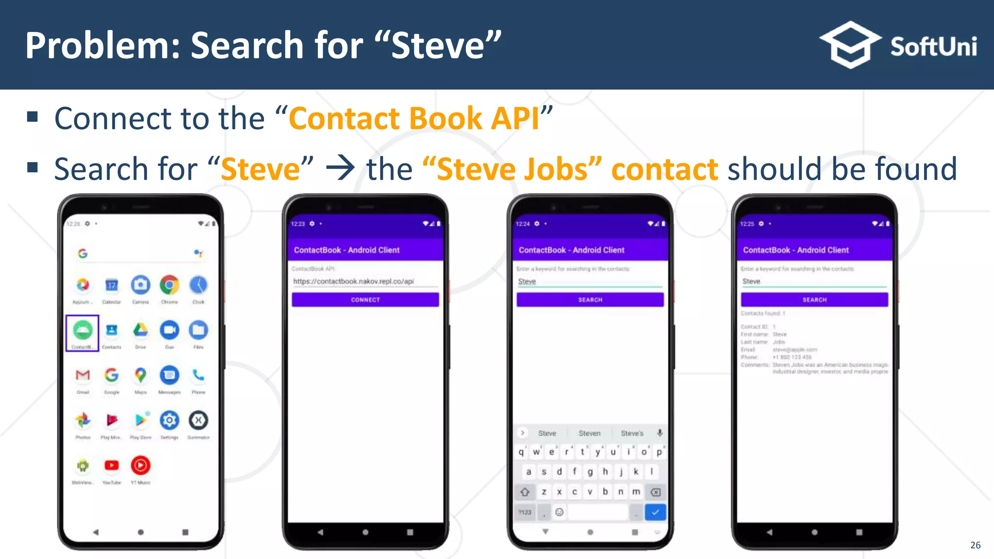 26
 Connect to the “Contact Book API”
 Search for “Steve”  the “Steve Jobs” contact should be found
Problem: Search for “Steve”
 