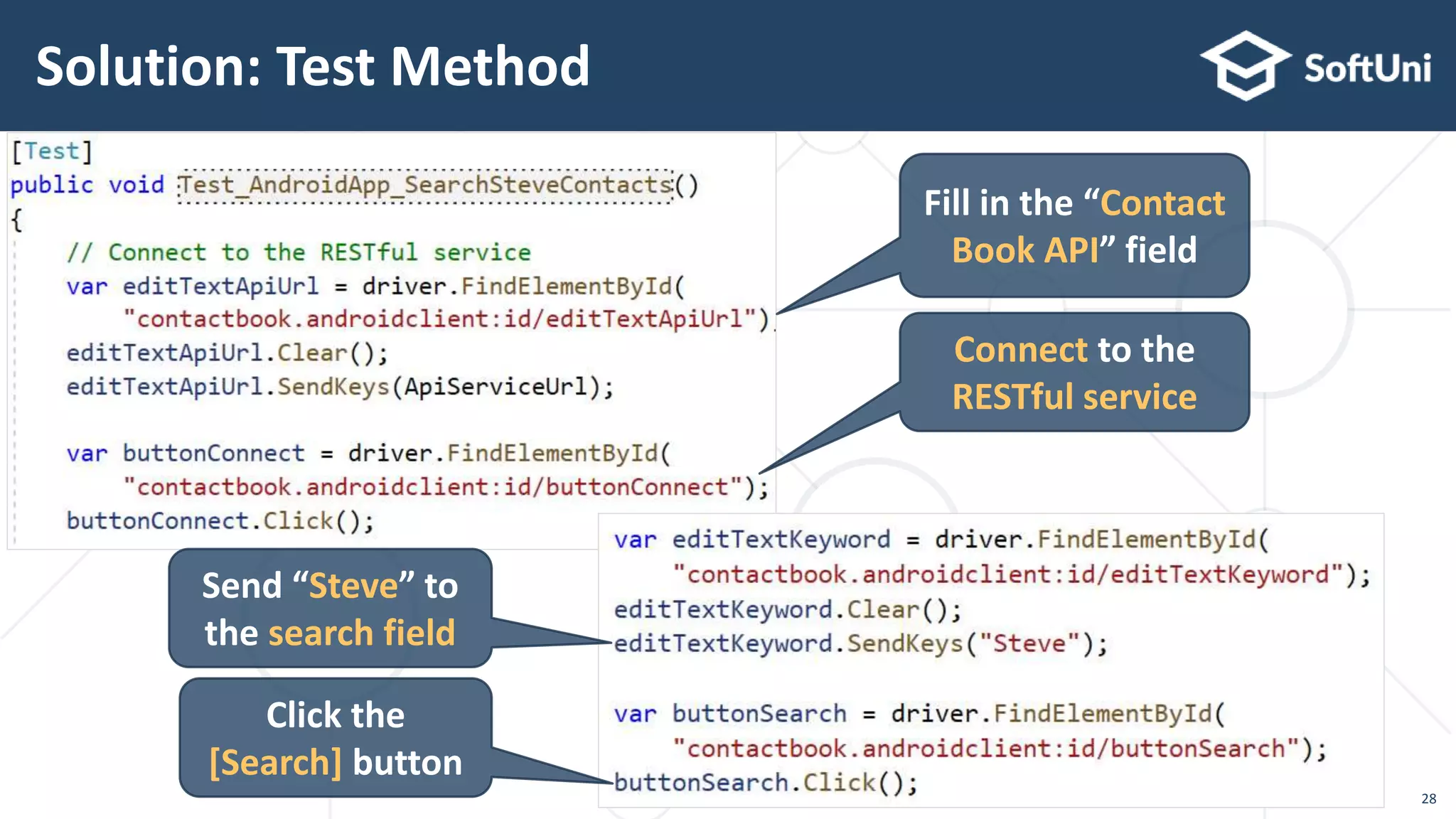 28
Solution: Test Method
Fill in the “Contact
Book API” field
Connect to the
RESTful service
Send “Steve” to
the search field
Click the
[Search] button
 