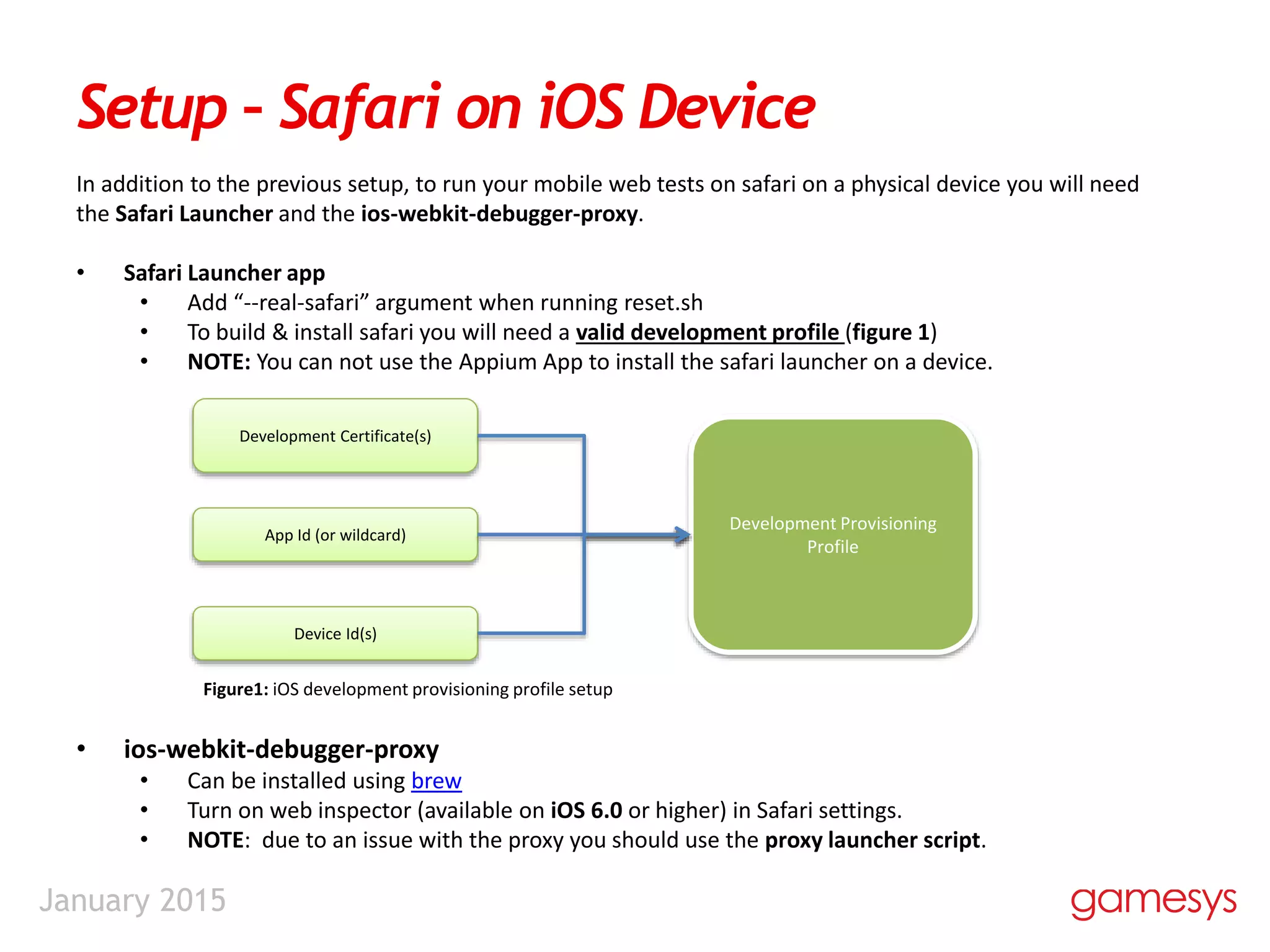 January 2015
In addition to the previous setup, to run your mobile web tests on safari on a physical device you will need
the Safari Launcher and the ios-webkit-debugger-proxy.
• Safari Launcher app
• Add “--real-safari” argument when running reset.sh
• To build & install safari you will need a valid development profile (figure 1)
• NOTE: You can not use the Appium App to install the safari launcher on a device.
Figure1: iOS development provisioning profile setup
• ios-webkit-debugger-proxy
• Can be installed using brew
• Turn on web inspector (available on iOS 6.0 or higher) in Safari settings.
• NOTE: due to an issue with the proxy you should use the proxy launcher script.
Setup – Safari on iOS Device
Device Id(s)
App Id (or wildcard)
Development Certificate(s)
Development Provisioning
Profile
 