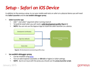 January 2015
In addition to the previous setup, to run your mobile web tests on safari on a physical device you will need
the Safari Launcher and the ios-webkit-debugger-proxy.
• Safari Launcher app
• Add “--real-safari” argument when running reset.sh
• To build & install safari you will need a valid development profile (figure 1)
• NOTE: You can not use the Appium App to install the safari launcher on a device.
Figure1: iOS development provisioning profile setup
• ios-webkit-debugger-proxy
• Can be installed using brew
• Turn on web inspector (available on iOS 6.0 or higher) in Safari settings.
• NOTE: due to an issue with the proxy you should use the proxy launcher script.
Setup – Safari on iOS Device
Device Id(s)
App Id (or wildcard)
Development Certificate(s)
Development Provisioning
Profile
 