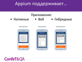 Appium поддерживает…
Приложения:
• Нативные
• Веб
• Гибридные

 