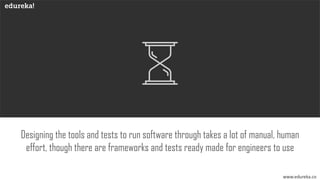 www.edureka.co
Even with automated testing, human error is still a factor – tools can be buggy,
inefficient, costly, and s...