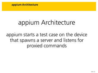 Seite 12
appium Architecture
appium Architecture
appium starts a test case on the device
that spawns a server and listens for
proxied commands
 