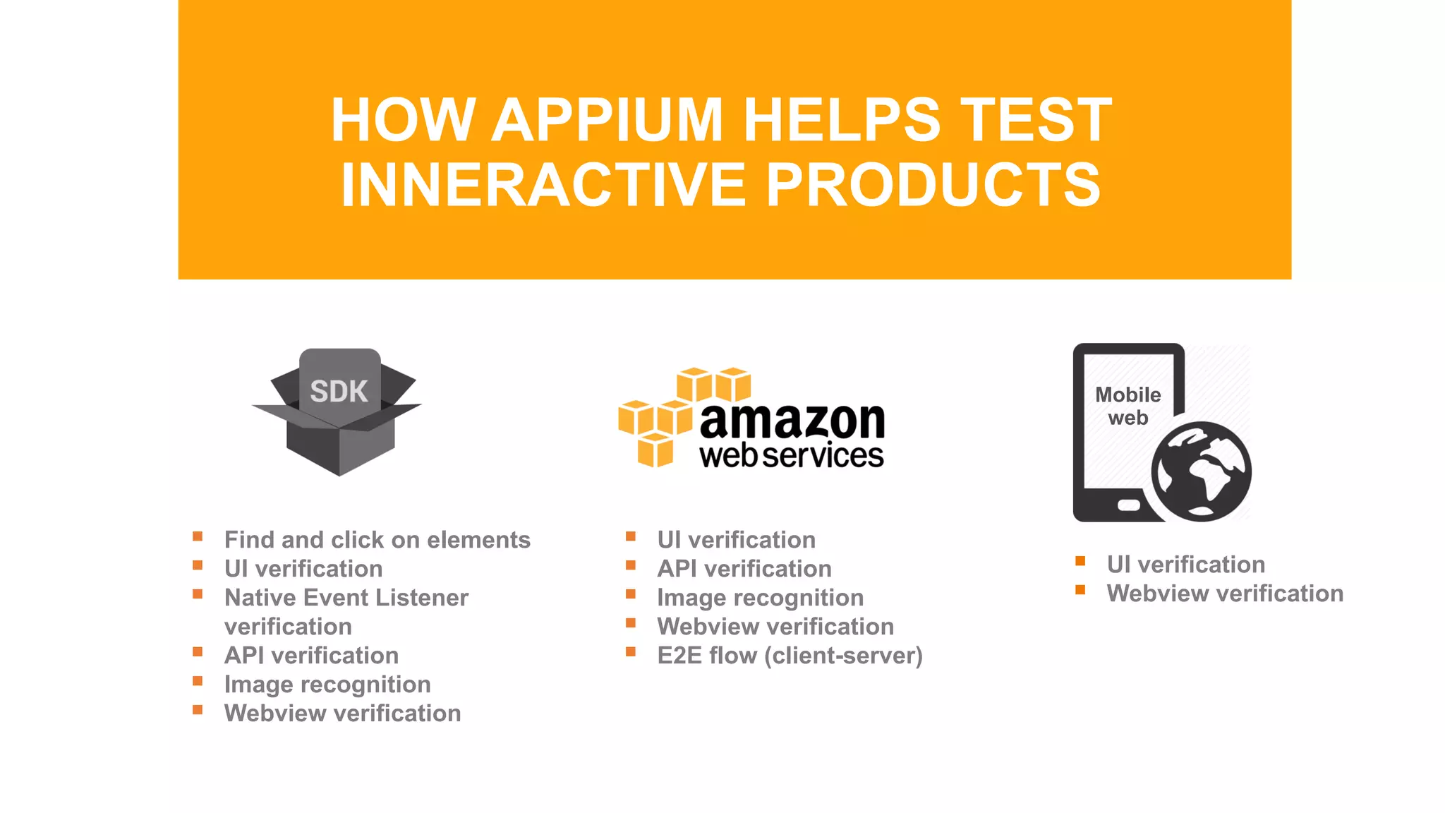 HOW APPIUM HELPS TEST
INNERACTIVE PRODUCTS
 Find and click on elements
 UI verification
 Native Event Listener
verification
 API verification
 Image recognition
 Webview verification
 UI verification
 API verification
 Image recognition
 Webview verification
 E2E flow (client-server)
 UI verification
 Webview verification
Mobile
web
 