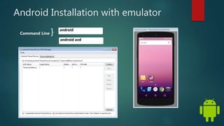 Android Installation with emulator
android
android avd
Command Line }
 