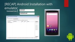 [RECAP] Android Installation with
emulator android
android avd
Command Line }
 