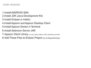 STEPS TO SETUP
1.InstallANDROID SDK.
2.Install JDK (Java Development Kit)
3.Install Eclipse or IntelliJ
4.Install Appium and Appium Desktop Client
5.Install Appium Doctor in Terminal
6.Install Selenium Server JAR
7.Appium Client Library (in Java, Ruby, Python, PHP, JavaScript, and C#)
8.Add These Files to Eclipse Project (or as Dependencies)
 