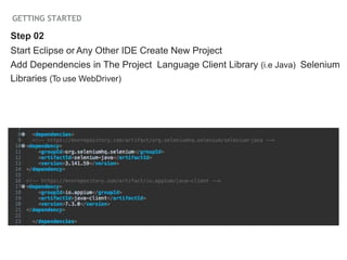 GETTING STARTED
Step 02
Start Eclipse or Any Other IDE Create New Project
Add Dependencies in The Project Language Client Library (i.e Java) Selenium
Libraries (To use WebDriver)
 