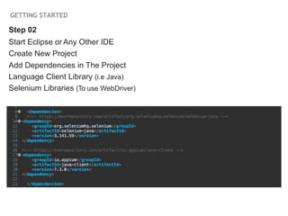 GETTING STARTED
Step 02
Start Eclipse or Any Other IDE
Create New Project
Add Dependencies in The Project
Language Client Library (i.e Java)
Selenium Libraries (To use WebDriver)
 