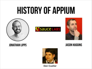 History of Appium

Jason Huggins

Jonathan Lipps

Dan Cuellar

 