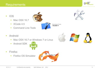 21Confidential and propriety Galil Software, Ltd. 201225.12.11
Requirements
 IOS
 Mac OSX 10.7
 XCode 4.5
 Command Line Tools
 Android
 Mac OSX 10.7 or Windows 7 or Linux
 Android SDK
 Firefox
 Firefox OS Simulator
 