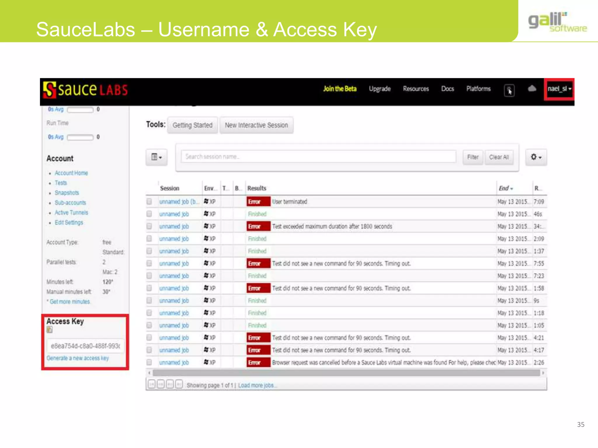 35
SauceLabs – Username & Access Key
 