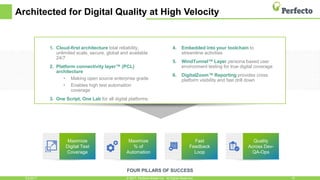 Architected for Digital Quality at High Velocity
3/2/2017 15© 2017, Perfecto Mobile Ltd. All Rights Reserved.
Maximize
Digital Test
Coverage
Maximize
% of
Automation
1. Cloud-first architecture total reliability,
unlimited scale, secure, global and available
24/7
2. Platform connectivity layer™ (PCL)
architecture
• Making open source enterprise grade
• Enables high test automation
coverage
3. One Script, One Lab for all digital platforms
4. Embedded into your toolchain to
streamline activities
5. WindTunnel™ Layer persona based user
environment testing for true digital coverage
6. DigitalZoom™ Reporting provides cross
platform visibility and fast drill down
Quality
Across Dev-
QA-Ops
Fast
Feedback
Loop
FOUR PILLARS OF SUCCESS
 