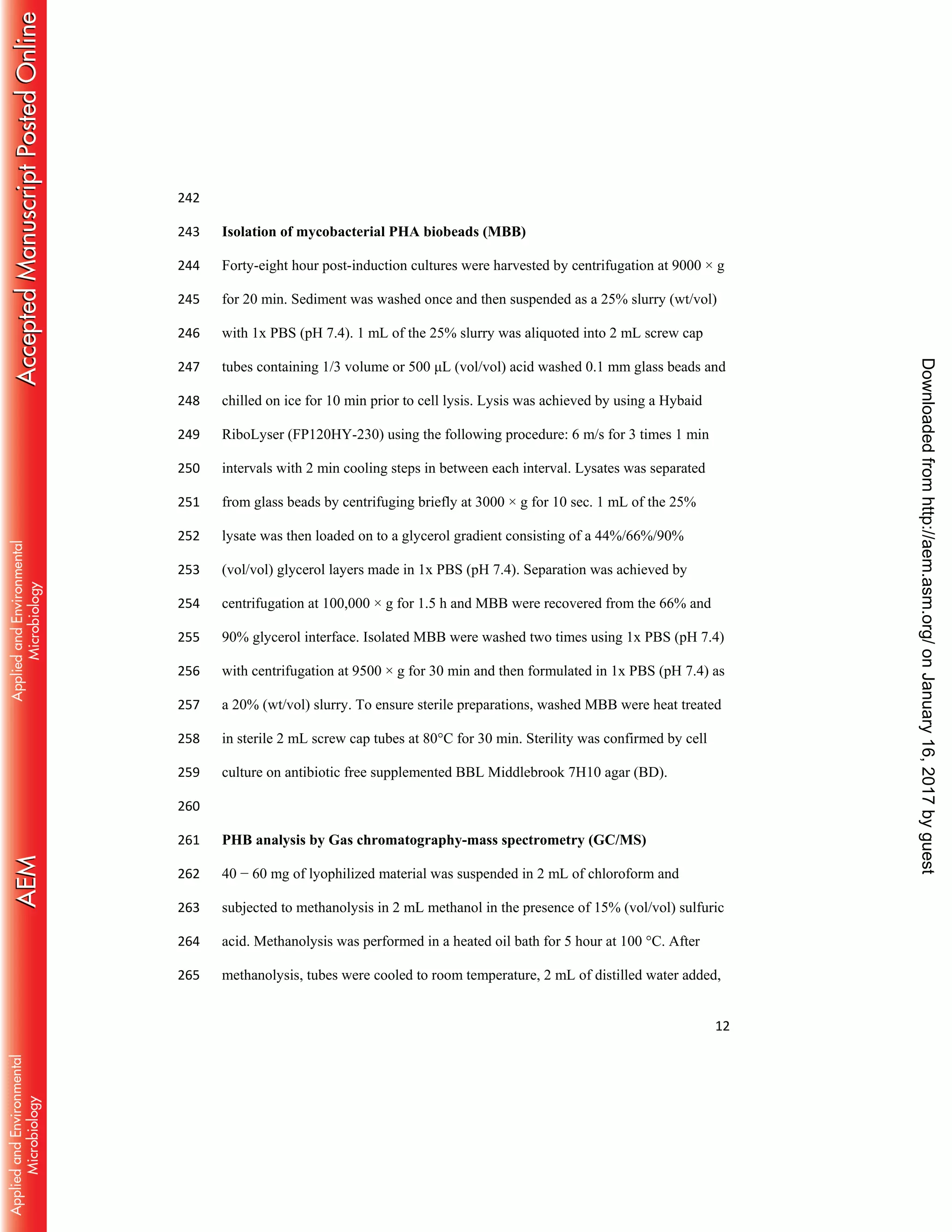 12
242
Isolation of mycobacterial PHA biobeads (MBB)243
Forty-eight hour post-induction cultures were harvested by centrifugation at 9000 × g244
for 20 min. Sediment was washed once and then suspended as a 25% slurry (wt/vol)245
with 1x PBS (pH 7.4). 1 mL of the 25% slurry was aliquoted into 2 mL screw cap246
tubes containing 1/3 volume or 500 μL (vol/vol) acid washed 0.1 mm glass beads and247
chilled on ice for 10 min prior to cell lysis. Lysis was achieved by using a Hybaid248
RiboLyser (FP120HY-230) using the following procedure: 6 m/s for 3 times 1 min249
intervals with 2 min cooling steps in between each interval. Lysates was separated250
from glass beads by centrifuging briefly at 3000 × g for 10 sec. 1 mL of the 25%251
lysate was then loaded on to a glycerol gradient consisting of a 44%/66%/90%252
(vol/vol) glycerol layers made in 1x PBS (pH 7.4). Separation was achieved by253
centrifugation at 100,000 × g for 1.5 h and MBB were recovered from the 66% and254
90% glycerol interface. Isolated MBB were washed two times using 1x PBS (pH 7.4)255
with centrifugation at 9500 × g for 30 min and then formulated in 1x PBS (pH 7.4) as256
a 20% (wt/vol) slurry. To ensure sterile preparations, washed MBB were heat treated257
in sterile 2 mL screw cap tubes at 80°C for 30 min. Sterility was confirmed by cell258
culture on antibiotic free supplemented BBL Middlebrook 7H10 agar (BD).259
260
PHB analysis by Gas chromatography-mass spectrometry (GC/MS)261
40 − 60 mg of lyophilized material was suspended in 2 mL of chloroform and262
subjected to methanolysis in 2 mL methanol in the presence of 15% (vol/vol) sulfuric263
acid. Methanolysis was performed in a heated oil bath for 5 hour at 100 °C. After264
methanolysis, tubes were cooled to room temperature, 2 mL of distilled water added,265
onJanuary16,2017byguesthttp://aem.asm.org/Downloadedfrom
 