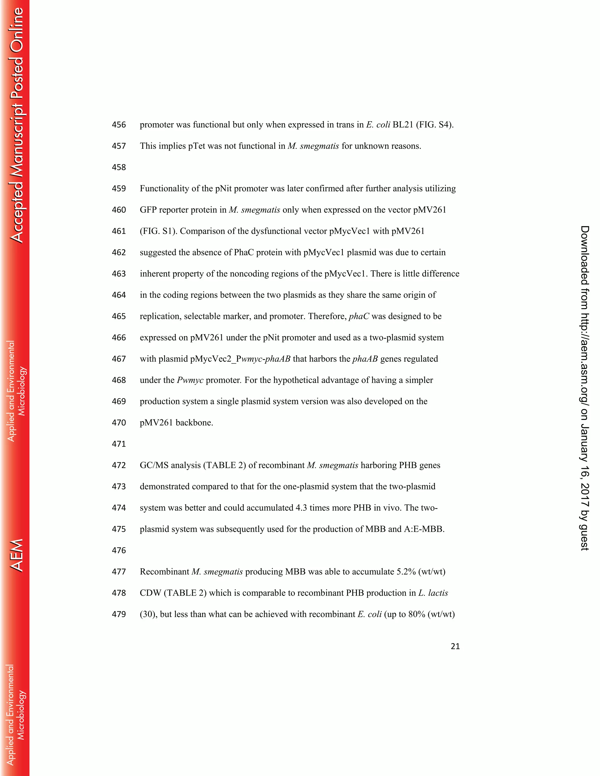 21
promoter was functional but only when expressed in trans in E. coli BL21 (FIG. S4).456
This implies pTet was not functional in M. smegmatis for unknown reasons.457
458
Functionality of the pNit promoter was later confirmed after further analysis utilizing459
GFP reporter protein in M. smegmatis only when expressed on the vector pMV261460
(FIG. S1). Comparison of the dysfunctional vector pMycVec1 with pMV261461
suggested the absence of PhaC protein with pMycVec1 plasmid was due to certain462
inherent property of the noncoding regions of the pMycVec1. There is little difference463
in the coding regions between the two plasmids as they share the same origin of464
replication, selectable marker, and promoter. Therefore, phaC was designed to be465
expressed on pMV261 under the pNit promoter and used as a two-plasmid system466
with plasmid pMycVec2_Pwmyc-phaAB that harbors the phaAB genes regulated467
under the Pwmyc promoter. For the hypothetical advantage of having a simpler468
production system a single plasmid system version was also developed on the469
pMV261 backbone.470
471
GC/MS analysis (TABLE 2) of recombinant M. smegmatis harboring PHB genes472
demonstrated compared to that for the one-plasmid system that the two-plasmid473
system was better and could accumulated 4.3 times more PHB in vivo. The two-474
plasmid system was subsequently used for the production of MBB and A:E-MBB.475
476
Recombinant M. smegmatis producing MBB was able to accumulate 5.2% (wt/wt)477
CDW (TABLE 2) which is comparable to recombinant PHB production in L. lactis478
(30), but less than what can be achieved with recombinant E. coli (up to 80% (wt/wt)479
onJanuary16,2017byguesthttp://aem.asm.org/Downloadedfrom
 