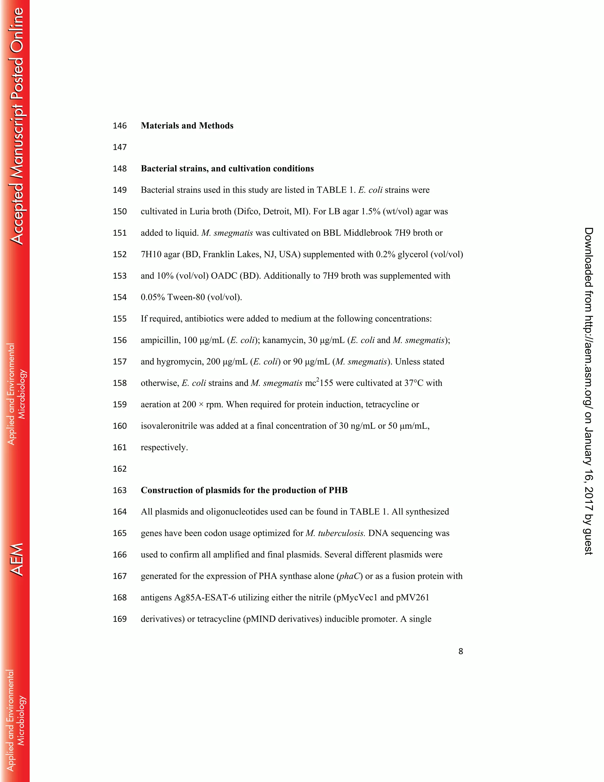 8
Materials and Methods146
147
Bacterial strains, and cultivation conditions148
Bacterial strains used in this study are listed in TABLE 1. E. coli strains were149
cultivated in Luria broth (Difco, Detroit, MI). For LB agar 1.5% (wt/vol) agar was150
added to liquid. M. smegmatis was cultivated on BBL Middlebrook 7H9 broth or151
7H10 agar (BD, Franklin Lakes, NJ, USA) supplemented with 0.2% glycerol (vol/vol)152
and 10% (vol/vol) OADC (BD). Additionally to 7H9 broth was supplemented with153
0.05% Tween-80 (vol/vol).154
If required, antibiotics were added to medium at the following concentrations:155
ampicillin, 100 μg/mL (E. coli); kanamycin, 30 μg/mL (E. coli and M. smegmatis);156
and hygromycin, 200 μg/mL (E. coli) or 90 μg/mL (M. smegmatis). Unless stated157
otherwise, E. coli strains and M. smegmatis mc2
155 were cultivated at 37°C with158
aeration at 200 × rpm. When required for protein induction, tetracycline or159
isovaleronitrile was added at a final concentration of 30 ng/mL or 50 μm/mL,160
respectively.161
162
Construction of plasmids for the production of PHB163
All plasmids and oligonucleotides used can be found in TABLE 1. All synthesized164
genes have been codon usage optimized for M. tuberculosis. DNA sequencing was165
used to confirm all amplified and final plasmids. Several different plasmids were166
generated for the expression of PHA synthase alone (phaC) or as a fusion protein with167
antigens Ag85A-ESAT-6 utilizing either the nitrile (pMycVec1 and pMV261168
derivatives) or tetracycline (pMIND derivatives) inducible promoter. A single169
onJanuary16,2017byguesthttp://aem.asm.org/Downloadedfrom
 