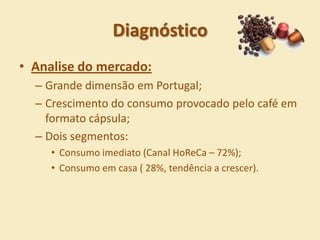 Diagnóstico
• Analise do mercado:
  – Grande dimensão em Portugal;
  – Crescimento do consumo provocado pelo café em
    formato cápsula;
  – Dois segmentos:
     • Consumo imediato (Canal HoReCa – 72%);
     • Consumo em casa ( 28%, tendência a crescer).
 