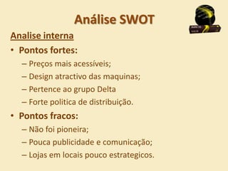 Análise SWOT
Analise interna
• Pontos fortes:
  – Preços mais acessíveis;
  – Design atractivo das maquinas;
  – Pertence ao grupo Delta
  – Forte politica de distribuição.
• Pontos fracos:
  – Não foi pioneira;
  – Pouca publicidade e comunicação;
  – Lojas em locais pouco estrategicos.
 
