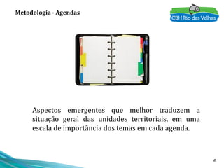 6
Metodologia - Agendas
Aspectos emergentes que melhor traduzem a
situação geral das unidades territoriais, em uma
escala de importância dos temas em cada agenda.
 