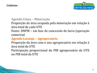 7
Critérios
Agenda Cinza – Mineração
Proporção de área ocupada pela mineração em relação à
área total de cada UTE
Fonte: DNPM – em fase de concessão de lavra (operação
comercial
Agenda Laranja – Agropecuária
Proporção da área com o uso agropecuário em relação à
área total da UTE
Participação proporcional do PIB agropecuário da UTE
no PIB total da UTE
 