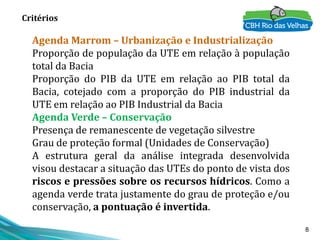 8
Critérios
Agenda Marrom – Urbanização e Industrialização
Proporção de população da UTE em relação à população
total da Bacia
Proporção do PIB da UTE em relação ao PIB total da
Bacia, cotejado com a proporção do PIB industrial da
UTE em relação ao PIB Industrial da Bacia
Agenda Verde – Conservação
Presença de remanescente de vegetação silvestre
Grau de proteção formal (Unidades de Conservação)
A estrutura geral da análise integrada desenvolvida
visou destacar a situação das UTEs do ponto de vista dos
riscos e pressões sobre os recursos hídricos. Como a
agenda verde trata justamente do grau de proteção e/ou
conservação, a pontuação é invertida.
 