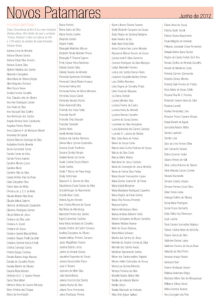 Novos Patamares Junho de 2012
FUTURAS DIRETORAS
Estas Consultoras já têm 8 ou mais iniciadas
diretas ativas, têm direito de usar a echarpe
“Futura Diretora” e têm um bônus de 8%
e 12% sobre as vendas de suas Iniciadas
Diretas Ativas
Adriana Lima de Almeida
Adriana Oliveira Santos
Adriana Paula Silva Amorim
Adriana Soares Silva
Alcilene Natalina dos Santos
Alexandre Gonçalves
Aline Maria de Oliveira Vargas
Aline Nogueira Romano
Aline Souza Xavier
Amelia Ferreira Carvalho
Ana Claudia Leite de Oliveira
Ana Ines Rodrigues Canato
Ana Paula da Silva
Ana Racquel Silva Coelho
Ana Winniczek dos Santos
Angela Adriana Vieira Cavalcante
Angelica Pereira Ribeiro
Anna Catarina A. de Menezes Maciel
Antonieta Gil Cabral
Antonio Marcos Queiroga da Silva
Audyrlene Rocha Almeida
Bruna Fernandes Famer
Camila Conde da Silva
Camila Pereira Kaleski
Carolina Moreira Louro
Carolina Muniz
Caroline Filipi da Silva
Cassia Andrea Dias da Rosa
Catia Gonçalves Silva
Celina Neto da Motta
Christina de J. S. V. de Melo
Claudia Mialski Vilas Boas
Claudia Valeria Salerno
Cleomar de Mesquita Cavalcante
Cleonice Rodrigues Gomes
Cleuza Maria de Jesus
Cristiane da Silva Leite
Cristiane A. Sorati
Cristiane de Souza
Cristiane Gabriel Marciel Mota
Cristiane Regina Tinelli Zanotelli
Cristiane Stremel Barros Echeli
Cristina Camargo Garcia
Cristina Vargas Cardoso
Daniela Bastos Veiga Macedo
Daniela de Carvalho Rocha
Daniela Manfre de Oliveira
Dayane Mata Moreira
Dhebora do E. S. Soares Pereira
Diana Silva Melao
Dilmene Eliana de Queiroz Miranda
Elenn Cristina das Chagas
Eliana da Anunciação
Eliana Ferreira
Eliana Satiro da Silva
Eliane Rocha Coelho
Elisandra Uesato
Elisane Fidelis
Elisangela Walichek Marcos
Elizabeth Sheila Meireles Tinoco
Elizangela P. Teixeira Cajeron
Emily Cassia Vieira Barberato
Fabiola Soares Silva
Fabiola Tavares de Almeida
Fernanda Aparecida Tombolato
Fernanda Cabral Ribeiro Enoque
Fernanda Kieling Kist
Fernanda Nunes de Abreu Menezes
Fernanda Souza Cabral
Fernanda Yakubio Rocha
Flavia Aparecida Silva
Francely dos Anjos Sales
Franciele Barufﬁ
Franciele Diniz Boscaini
Franciely Passareli
Genice Alves
Genilli Almelia Discaia
Gerlane dos Santos Nemezio
Gilceia Maria Correia Costamilan
Giovana Costa Tuerlinckx
Giovana Gontijo Borges
Giselda Nunes da Cunha
Gisele Cristina Souza Ribeiro
Gisele Santos
Gisele T Barros de Paiva Varga
Gisely Sottomaior
Glaucia A. C. Gomes da Silva
Glaudistonia Costa Soares da Silva
Gracieli Kruger do Nascimento
Grazieli Alves Costa
Helena Aguirre Bonder
Iane Cristina Moreira de Sousa
Ilda Marta da Mendonça
Ildanizete Pereira dos Santos
Ingrid Guimarães Cardoso
Irene Maria Andrade de Carvalho
Isabela Cristina de Castro Fonseca
Ivanilda Gonçalves de Oliveira
Izabela Velloso Pinheiro Campos
Jacira Magalhães Pessoa
Janaina Batista Lenza
Janine do Amaral Saraiva
Jaqueline Fagundes de Sousa
Jessica Vasconcelos Pasco
Joao V. Teixeira
Josimere de Melo Silva
Julia Beckenkamp
Juliana Franzoni dos Santos
Juliana Rocha da Silva
Juliana Tome Fernandes
Julice Rodrigues Pereira
Karen Lilianne Teixeira Tavares
Karlla Elizabeth Cerqueira de Sousa
Katia Regina de Santana Nakajima
Katia Teixeira de Sa
Kelly Alves Rotta Welz
Kenia Cristina Paes Leme Mendes
Klyssianne Marcia Tenorio de Souza
Larissa Karla E Silva Camerino
Leandra Rodrigues da Silva Marques
Leilian Makhellini Ferreira
Leticia dos Santos Barros Pedro
Leylanne Ekysyelle Martins Pontes
Liani Steffen Monteiro
Lidia Regina de Carvalho Prado
Lilian Rosendo Marques
Lis Elenia Zerbieli
Lorena Mendes Silva
Luciana Freires de Castro
Luciana Vieira de Almeida
Luciene Barreto Carvalho
Luciene de Sousa Santos
Lucineide da Silva Gonçalves
Luzia Aparecida dos Santos Campos
Luzinete R. Lustoza de Oliveira
Mac Celia Alves de Freitas
Mairia de Souza Costa
Marcia Assis Cunha Pedrosa de Sousa
Marcia da Silva Costa
Marcia Maria Ribeiro
Marcilene de Jesus Campos
Maria da Conceição de Jesus Almeida
Maria de Fatima Silva Freitas
Maria Gorete Franceschini Lopes
Maria Gorete Soares M. de Farias
Maria Izabel Mergener
Maria Madalena Rodrigues Cupertino
Maria Regina de Paula Santos
Maria Rita Ferreira Pimentel
Mariana Kojima
Marina Montefusco Alves
Marisa Andreia Beltrami Piotto
Marise Gonçalves de Moura Sardinha
Marlene Webber Becker
Marli de Souza Barbosa
Marta Maria Schwarz
Martha dos Santos de Jesus
Meiriele do Rosário Correa da Silva
Michele dos Santos Araújo
Middihan Nascimento Santos
Mirian dos Santos Isaltino Salgado
Miryan Hellen Guimarães de Souza
Mona Lisa Gomes Miranda
Monica Fonseca da Silva
Murielle Bastos Matos Eller
Natalia de Holanda Maciel
Natalia Ghizzi
Natalia Machado de Andrade
Nilza Brito Aguiar Galliani
Otavio Alves de Souza
Patricia Radis Ferzeli
Patricia Rocha Nascimento
Paula Milagres de Andrade
Pollyana Joozadak Costa Fernandes
Rafaela Nobre Viana Gomes
Regina de Cassia Fontes Sant Ana
Renata Coelho de Almeida Carvalho
Renata de Medeiros Costa
Roberta Carmen Camazzola
Roberta Denise Moreira
Roberta Sale Ferreira de Freitas
Rosa Maria de Sousa Tofalo
Rosana Rika M. C. Ferreira
Rosemeri Soares Viana da Silva
Rosiane Lavratti
Rosilva Fernandes Lima
Rossane Tinoco Capone Borges
Rubia Bonatti de Aguiar
Samantha Marina Mafra
Sandra Lepkoski
Sandra Loss
Sara de Lima Ferreira Silva
Seir Camacho Teixeira
Selma Scremin Furlan
Silvana Pereira do Valli
Silvia Leticia Antunes da Silveira
Silvia Marcela Caruso Correia
Silviana Bazzanella
Simone Cristina Urbano
Simone Ferreira Couto Silva
Sirlan Farias Costa
Solange Delﬁno de Oliveira
Sonia Maria Rodrigues
Sonia Pinson Bernardo
Stela Fialho Aziz Bitencourt
Sueli Lasmar
Tania Saraiva Guimarães Nolasco
Tatiana Cristina Alves de Noronha
Tatiana Garcia da Silva
Valdirene Barros Lopes
Valdirene Ferreira de Souza Rosa
Valquiria da Silva Primo
Vanessa Araújo Passos
Vanessa Pavin
Viviane Rodrigues Graner
Walkiria Detemann Bispo
Wanessa Maria Pais de Albuquerque
Willianny Veloso Bento
Wilma Ferreira Tavares
Yara Corregiari dos Reis
 