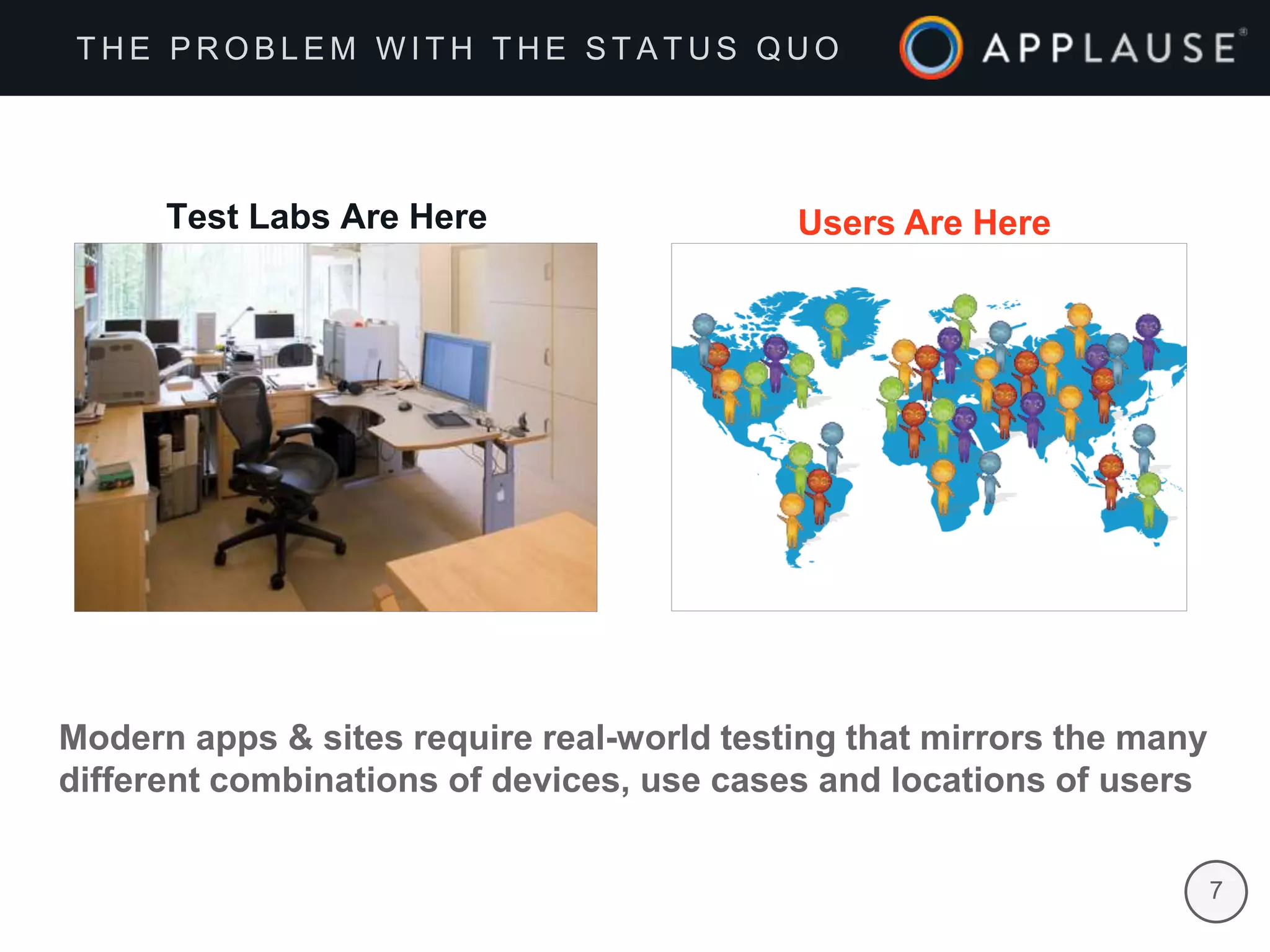 |
Test Labs Are Here Users Are Here
Modern apps & sites require real-world testing that mirrors the many
different combinations of devices, use cases and locations of users
7
T H E P R O B L E M W I T H T H E S T A T U S Q U O
 