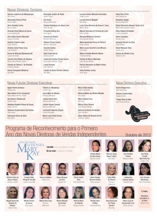 Novas Diretoras Seniores
Adriana Labarrere de Albuquerque
Eliza Castro
Alessandra Brocca Phols
Fabiana Marin
Aline Grasiele Cunha
Monica Tartari
Amanda Sorati Moura de Souza
Luciana Spirandelli
Ana Fidelia Soares Machado
Suzana Strumiello
Andreia Cristina Lopes
Eloisa Johnson
Andreia Zomer Rossi Eyng
Leila Palombini
Bruna de Miranda Montesserratti
Suzana Strumiello
Carmen Vera Ribeiro de Siqueira
Maria Helena Moreira Crispim
Claudia de Fatima C. de Andrade
Emiliana Alcântara
Denize Gonçalves Medeiros
Nara Melo
Elisangela Jardim de Paula
Giselle Cosme
Eloi Broch
Neimara Bittencourt
Fabiana Rodrigues de Jesus Lima
Nancy Bonner
Fernanda Kieling Kist
Rose Aguiar
Francini da Silveira
Neimara Bittencourt
Gilsiane Pioner Zunino
Neimara Bittencourt
Graciele Santos
Andrea Oliveira
Keila Costa Garcia
Barbara Sunden
Liliane dos Santos Pessoa Garcia
Maria Helena Moreira Crispim
Luana Bressan
Leila Palombini
Lucelia de Abreu Ferreira Oliveira
Nara Melo
Luciana Soares Marzola Guimarães
Giselle Cosme
Luciana Vianna Magaldi
Nara Melo
Luiza Carla Almanca de Emery C. Arau
Monica Tartari
Manoel Henrique de Ferreira de Lima
Karinna Prado
Manuela Medeiros Carneiro
Karla Giovana Moreira
Maria Aparecida Ferraz de Oliveira
Eloisa Johnson
Maria Laura Hummel Lima Minucci
Eliza Castro
Milena Pontello Marinho Monte
Emiliana Alcântara
Pamela de Moura Machado
Karla Giovana Moreira
Patricia Alexandra de Mello Freitas
Leila Palombini
Paula Andreia Lemes
Rose Aguiar
Paula Reis Cintra
Anita Garrett-Roe
Roselaine Saggin
Neimara Bittencourt
Rubia Delizandra Ranzani Tesch de O.
Maria Helena Moreira Crispim
Silvia Velloso Fernandes
Luciana Spirandelli
Sônia Consolaro
Claudia Leme
Vanessa Ferreira da Silva
Deise Ferreira
Vivian Marques Silva
Sandra Lima
Viviane de Oliveira Lima
Fabiana Cunha
Nova Diretora Executiva
Karine Borges Konz
Anita Garrett-Roe
Ramara Guedes Alves
Barbara Sunden
Thiago Silva de Avila
Karla Giovana Moreira
Novas Futuras Diretoras Executivas
Aglae Pontes Schwarz
Sandra Lima
Alba Valeria Primo Cavalcanti
Maria Helena Moreira Crispim
Ana Beatriz Siedlarczyk
Claudia Leme
Andressa Angelino Bronze de Souza
Eloisa Johnson
Cleomara Suzete Sanchi dos Santos
Rose Aguiar
Dulcivania Vieira da Silva
Inara Velho
Fabiana G. Mendonça
Josiane Dias
Ivana Melo de Oliveira
Neimara Bittencourt
Juliana Dacol Onzi
Neimara Bittencourt
Lidiane Vargas Saraiva
Neimara Bittencourt
Luzfryneth Valencia Zapata
Suzana Strumiello
Maria Luiza Festa Ozores
Anita Garrett-Roe
Maria Ofelia Batista
Luciana Spirandelli
Marluce Marlen de Oliveira Mendes
Eliza Castro
Milca Solonca Cruz
Mary Kay
Monica Silva Oliveira
Karla Giovana Moreira
Sabrina da Rocha Fernandes
Leila Palombini
Silvia Helena de Almeida Picchi
Christiane Oliveira
SOCIEDADE
DEHONRA
ARY
AY
M
K
150.000 pontos acumulados na Unidade
50 ou mais Consultoras na Unidade
Programa de Reconhecimento para o Primeiro
Ano das Novas Diretoras de Vendas Independentes Outubro de 2012
Vilma Lucia de
Vasconcelos Cruz
Eloisa Johnson
Livia Samara
Mendonça
Anita Garrett-Roe
Ana Paula
Pussoli
Marchette Vaz
Sandra Lima
Rosa Aparecida
de Freitas
Gondim
Mary Kay
Joeline Ane
Camara Santos
Elizabeth Sena
Ana Carolina
Fukase
Barbara Sunden
Renata Dario
El Moor
Anita Garrett-Roe
Ivana Melo
de Oliveira
Neimara
Bittencourt
Aline de Souza
Neves Calixto
Nara Melo
Patricia Maria
de Holanda
Barbara Sunden
Ianara Rosaly
Bezerra Porﬁrio
Eloisa Johnson
Adriana Maria
da Silva Sousa
Barbara Sunden
Flavia Gueleri
Silva
Anita Garrett-Roe
Marisa Macedo
dos Santos
Eliza Castro
Diego Marques
da Silva
Claudia Dias
Marisa Ilora Zuse
Neimara
Bittencourt
Denise Lindbeck
Sandra Lima
Marilia Pereira
de Souza
Rose Aguiar
Cristina Clelia
Giorgi M. Paciullo
Luciana Spirandelli
Magali Aparecida
Santana de
Moraes
Deise Ferreira
Antonio Fabio de
Souza Feitoza
Barbara Sunden
E mais:
Neuscleia
Gonçalves O.
da Silva
Sandra Lima
 