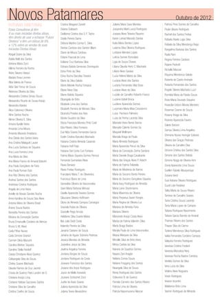 Novos Patamares Outubro de 2012
FUTURAS DIRETORAS
Estas Consultoras já têm
8 ou mais iniciadas diretas ativas,
têm direito de usar a echarpe “Futura
Diretora” e têm um bônus de 8%
a 12% sobre as vendas de suas
Iniciadas Diretas Ativas
Abigail Sodre da Silva
Adelia Nelli dos Santos
Adriana Maria Zorzi
Aillime Ferreira da Rocha
Akiko Takano Hassui
Alaides Rosa Lermen
Alba Valeria de Franca
Alda Clair Ferraz de Souza
Aldenora Oliveira da Silva
Alessandra Cristina Simao Souza
Alessandra Ricarte de Sousa Araújo
Alexandra Ataides
Alice Colonnezi Oliveira
Aline Santos Rocha
Alinne Oliveira E. Silva
Amana Ayrelle Vieira
Amanda Lima Moura
Amanda Macedo Anastacio
Ana Cleide dos Santos Vieira
Ana Cristina Malagutti Laube
Ana Lucia Santana de Siqueira
Ana Luiza Ferreira Lima
Ana Maria da Silva
Ana Maria Franco do Amaral Botezini
Ana Paula Gonçalves de Faria
Ana Paula Ruman Gotz
Ana Rita Oliveira dos Santos
Andrea Santos dos Santos
Andressa Cristina Rodrigues
Angela de Lima Vieira
Anielle de Novais Sandes Rocha
Anna Karolina de Souza Dias Alves
Antonia Maria de Oliveira Brasil
Ariane Souza Bastos
Benedita Pereira dos Santos
Bibiane da Conceição Santos
Bruna Emanuelle Cordeiro de Alencar
Bruna S. M. Alves
Carla Pither Nunes
Carla Simone Granich
Carmen Silvia Mazuchi
Carolina Werber Siqueira
Caroline Stella Retzlaff
Cassia Christiane Alves Queiroz
Celisangela Silva de Souza
Chirley Soares Machado
Claudia Ramos da Cruz Jacinto
Crissia de Queiroz Paes Landim de O.
Cristiane Araújo Lima
Cristiane Heloise Gazzaneo Santos
Cristiane Silva de Carvalho
Cristina Coelho de Souza
Cristina Wiegand Zanetti
Daiana Sulsbach
Darllanne Cristina dos S. F. Tacho
Davila Pereira Gama
Debora Martins Correa E. Silva
Denise Cardoso dos Santos Ulliam
Diane de Moura Cardoso
Ediane Pascoal de Lima
Edilaine Cruz Barbosa Silva
Edinara Batista Generoso Dominguito
Edna Pinto da Silva
Edna Rocha Barcelos Teixeira
Elane da Silva Galvão
Elenis Mariele Rocha Fonsaca
Eliane Alves Dias
Eliane Batista Siqueira
Elisangela de Brito
Elizabete Lima dos Santos
Elizabeth Ferreira de Moraes Silva
Elizandra Prestes dos Reis
Elizete Faustino da Silva
Eloiza Francisca Moreira Pinto Coel
Elza Ribeiro Silva Fonseca
Eva Nilza Soares Fernandes Garcia
Evelin Cristina Barcelos Machado
Fabiana Cristina Almeida Casaroto
Fabiana Hoff Feijo
Fabiane Del Conte Curi Fontana
Fatima Maria Siqueira Gomes Perrout
Fernanda Guimarães Alves
Flavia Benassi
Flavio Freitas Rodrigues
Francilane Maria T. de Oliveiveira
Francisca Eliane de Lima
Genesilda Oliveira de Vasconcelos
Giani Maria Barbosa Minussi
Giselle Aparecida Teixeira Gomes
Glauciane Silveira Hoffmann
Gloria de Almeida Campos Camargos
Graciela Rubia de Oliveira
Gracielle Rego Arruda
Helidiene Silva Duarte Matos
Ilda Julia Sesti Costa
Iralandio Pereira da Silva
Janaina Caetano de Souza
Janaina de Aguiar Sobreira Pedrosa
Jessica Mendes de Almeida
Joaneline Jesus da Silva
Joelma Angelica Ferreira
Jordana Borges de Souza
Jordana Rodrigues da Costa
Joseane Francisca dos Santos
Josiane dos Anjos Rodrigues
Joyce de Mello Azevedo
Jozeane Schiochet Zorzi
Judite de Assis Soares
Juliana Aparecida da Silva
Juliana Teves Alexandrino
Juliane Maria Sava Mendes
Jussandra Marli Lucca Rodrigues
Jussara Alves Teixeira Flausino
Karen Leinad Macedo Dantas
Katia Maria Bentes Lopes
Laianne Elisa Oliveira Rodrigues
Leidiane Mendes Lopes
Leticia Gomes Roncolato
Ligia de Souza Chaves
Liliana Claudia Hertz C. Machado
Liliane Alves Saraiva
Lucia Helena Matos da Silva
Luciana Alves dos Santos
Luciana Fernandes Vilas Boas
Luciane Alves da Silva
Luciele de Carvalho Roberto Franco
Luciene Izabel Broca
Lucilene Aparecida Gomes
Lucymara Maria Maia Crisostomo
Luiza Pacheco Palmeiro
Luzia da Penha Lacerda Silva
Manoela Vieira Neres Barros
Manuela Calente Gomes Sa
Maquieli Mollmann
Marcela Braga de Paula
Maria Almeida Rodrigues
Maria Aparecida Peruci da Silva
Maria da Conceição Zenha Santana
Maria Daniele Braga Cavalcante
Maria das Graças Alves P. Adachi
Maria de Fatima Felisbela
Maria de Medeiros de Barros
Maria do Socorro Bento Pereira
Maria do Socorro Gonçalves Siqueira
Maria Iracy Rodrigues de Almeida
Maria Liane Stockmanns
Maria Maximina de Oliveira
Maria Perpetua Xavier Borges
Maria Regina de Oliveira Luz
Mariana de Almeida Faria
Mariana Silverio
Marionete Araújo Costa Alves
Marisa de Fatima Valentim Silva
Marta Braga Bastos
Marylia Paula de Lima Vasconcelos
Maysa Marques da Silva
Mirraille Silva de Brito Vieira
Mirtza Carlota da Silva
Nairane de Quadros Gomes
Nayara Zani Aragão
Neliana Correa Souza
Nidiane Freygang dos Santos
Nisangela Silva de Souza
Nivea Rodrigues dos Santos
Ocleunice B. de Queiroz
Pamela Carneiro dos Santos Ribeiro
Patricia Lima de Oliveira
Patricia Nepomuceno Alencar
Patricia Pires Gomes de Carvalho
Paula Ulisses Rodrigues
Rachel dos Santos Freitas
Rafaela Ataide Lage Silva
Rafaela da Silva Mendonça Rego
Rangelma Barbosa dos Santos
Rayla Rani
Regina Ferreira Cardoso
Rejane Pedrotti
Richelle Maccari
Riquena Mendonca Galvão
Roberta de Castro Andrade
Roberta Fernandes dos Santos
Rogele Silveira Machado Luzzi
Romilda Maria da Paixão Souza
Rosa Maria Dourado Siqueira
Roseclair Izidoro Morais Monteiro
Rosemar Cosme de Souza
Roseny Braga da Silva
Rosines Aparecida Favero
Salete Barizon
Samya Silveira Lima Angelino
Shimene Nunes Heringer Esteves
Silvana das Graças Pedrosa
Silvana de Carvalho Dias
Simone Cristina dos Santos Silva
Simone dos Santos Batista
Simone Noggi de Oliveira Aimi
Sonia Aparecida Lima Souza
Suellen Rabelo Albuquerque
Susana Verdi
Susi Adriana Oliveira Rodrigues
Suzel Lisie Redeker
Talita Marta de Souza Ribeiro
Tamires de Carvalho Soares
Tania Cristina Souza Lacerda
Tania Maria Lopes de Campos
Tatiana Rodrigues Nascimento
Tatiane Garcia Barreto do Amaral
Thames Ribeiro dos Santos
Thayse Silva do Carmo
Torlene Mendonca Silva Rodrigues
Valda Fernandes Cordeiro Campos
Valquiria Ferreira Rodrigues
Vanessa Cristina Frediani
Vanessa Marostica Nery
Vanessa Rocha Bastos Coimbra
Vanilda Gomes da Silva
Vera Lucia da Silva
Vitalina Alves Nogueira
Vivian Rodrigues
Viviane Vicentini
Walderice Brito Lima
Yasmin Rodrigues de Miranda
 