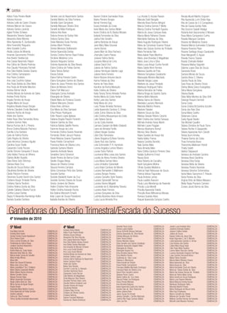 SAFIRA
Adlaci Frota Pereira Muller                Daniele Leal do Nascimento Santos                  Isanne Cristine Guimarães Rosa                  Luz Arcelia D. Acosta Passos                 Renata Muzel Martho Dognani
Adriana Araruna                            Daniele Martins da Silva Fontana                   Islainy Parreira Borges                         Marcela Grahl Bergallo                       Rita Aparecida Lumi Shida Higa
Adriana Leite de Castro Chaves             Daniella Gaze Gonçalves                            Itamar Ferreira Egg                             Marcela Klava Ramos Mingoti                  Rita de Cassia da S S Carrapatoso
Adriana Marcon de Cesaro                   Daniella Marques Oliveira Diniz                    Iucara Andrade da Costa                         Marcia Cristina Gomes F Motta                Rita de Cassia Gontijo Ratis
Adriana Santos Lacerda                     Danielli da Mata Rodrigues                         Ivete Maria dos Santos Meller                   Marcia Cristina Trombelli Figueira           Rita Socorro Sabelli Hidalgo
Aglae Pontes Schwarz                       Debora Aita Alves                                  Ivone Cristina do N. Bastos Moraes              Marcia de Jesus Campos Assis                 Roberta Inah Vasconcelos V Moraes
Alessandra Teixeira Sapiras                Debora Amara de Godoy Vido                         Izabela Fernandes da Silva                      Marcia Maria Palhares Chaves                 Rosa Maria Campanaro Cunha
Alexandra Alves Moreira                    Debora Santos Silva                                Jadna Felix Serafim                             Marcileide Barbosa da Silva                  Rosalia Marques Cerdeira
Aline Aparecida R. Zambonatto              Deise Marialva Scola Ferreira                      Jailma Barbosa de Araujo                        Maria Augusta Rodrigues Oliveira             Rosana de Medeiros Soares
Aline Ferenshitz Nogueira                  Denise Albert Pinheiro                             Jane Mary Maia Gouveia                          Maria da Conceicao Queiroz Roque             Rosana Marcia Guimarães S.Saraiva
Aline Grasiele Cunha                       Denise Menezes Deliberador                         Janne Barros                                    Maria das Gracas Gomes da Trindade           Rosana Roverso Pepe
Alodia Lisboa de Miranda                   Denize Aparecida Dantas                            Jeane Mari da Silva Pacheco                     Maria Fernanda Falk                          Rosane Santiago Araujo Cavalcante
Amanda Sacramento Pinheiro                 Denizia Cristina Ramos Raad Freitas                Jhamyles Castro Paixao                          Maria Isabel Pepe Marinho                    Rose Margareth S. Aguiar
Ana Beatriz Siedlarczyk                    Dircilene Medeiros Lima                            Josiane Fatima Bento                            Maria Jose Brandao E Magalhães               Roselia Franco Soares
Ana Cassia Naramoto Palazin                Djenane Nogueira Santos                            Jucyane Marcal de Lima                          Maria Jose Lima e Silva                      Rosely Chehade Kleiber
Ana Celina de Oliveira Pedrosa             Dolores Aparecida da Silva Novais                  Juliana Dacol Onzi                              Maria Lucia Araujo Cunha Ferretti            Rossana Marley Dagostin
Ana Claudia Piovezana Farinelli            Elaine Cristina de Freitas Gomes                   Juliana de Fatima Santos                        Maria Salete Ninni Ferreira                  Sabrina Lopes Dias de Souza
Ana Cleia Batista Saraiva Soares           Elaine Tereza Berlezi                              Juliana Henriques Valente Lage                  Mariana Gazetta de Frias                     Samanda Rossi
Ana Cristina Campopiano                    Eleusa Estrela                                     Juliana Vieira Ferreira                         Mariana Gonçalves Cavalcante                 Samara Morais de Souza
Ana Flavia Cordeiro                        Eliana Fatima Ferreira Castro                      Karen Niciane Antunes Vanzin                    Mariangela Moreira Machado                   Sandra Alves C. Oliveira
Ana Lidia Coutinho Galvao                  Eliana Gonçalves Santos de Oliveira                Karina Feitosa da Silva                         Marielle Vargas Lopes                        Sandra Paula da Silva
Ana Paula Batista da Silva Melo            Eliane de Jesus Pinheiro dos Santos                Karine de Faria Alves                           Marilene de Jesus Trindade                   Sara Rosa de Oliveira Orcesi
Ana Paula de Almeida Mauricio              Eliane de Moraes Donni                             Karoline da Rocha Mariquito                     Marileuse Rodrigues Fialho                   Shirley Maria Greco Evangelista
Andrea Bohrer Viecili                      Eliane Forli Marcucci                              Katia Cristina de Oliveira                      Marina Barcelos de Freitas                   Silma Maria Gonçalves
Andrea Morais de Azeredo de Sales          Elisangela Correa Andrade                          Katia Tereza Torres Almeida Pontes              Marina Braga do Espirito Santo               Silvana Basile
Andrea Ponte Rocha                         Elisangela de Oliveira                             Kedna Maria da Costa Herlan                     Marina Mafra Macedo                          Silvia Nilda Moreira da Silva Shih
Angela Ferreira de Araujo                  Elisete Maria da Fonseca Cezario                   Keitty Luise dos Santos                         Marisa Gama de Oliveira                      Solange Roquini Sermidi
Angela Maria de Souza                      Elislene Manzano Zenaro                            Kelly Maria de Lima                             Maristela Lauriano Werneck                   Sonia Costa
Angelica Abadia Araujo Borges              Eloisa Aires Johnson                               Lana Thaise Almeida Pacheco                     Marizelia Martins Pereira                    Sonia Cristina M.Quintino Azzolini
Antonia Claudete Croda Machado             Elza Maria da Silva Sampaio                        Leide Aparecida Cardoso S. Simas                Marlene Falaster                             Sonia dos Reis Silva
Apolonia Rocha de Araujo                   Erika Peluso Rodrigues                             Leide Zulma Silvana da Silva                    Marlene Souza da Silva                       Sonia Maria Coelho
Arlete dos Santos                          Ester Rosani Lopes Iglesias                        Leila Cristina Albuquerque da Costa             Melissa Sessak Ribeiro Ceranto               Stelamara Canoa
Arlete Rosa Silva Fernandes Abreu          Fabiana Angela Piassini Fiorentin                  Leila Tatiana Garcia                            Melri Cristina dos Santos Sarausa            Suely Aguiar Basilio
Aurilene Gomes Teles                       Fabiane Gamba da Silva                             Lia da Costa Arantes                            Michela Andreia Farias Martin                Tais Montali Cavallini
Bianca Rumao de A J Pereira                Fabricia Batista Daleffe Pereira                   Liamara Cassiani de Mello Ghelardi              Michele Lopes Poggian                        Tatiana Christina de Paulo Tome
Bruna Cristina Macedo Pacheco              Fabrinne Araujo de Lima                            Liane de Almeida Fiorillo                       Monica Abrahams Kempf                        Tatiana Richter A Gasparetto
Camilla Lima Santana                       Fernanda Cristina Soares Resende                   Lidiane Vargas Saraiva                          Monica Silva Oliveira                        Tatiane Aparecida Horn Zanotti
Carla de Fatima Rocha                      Fernanda Olivieri Januzzi Pessoa                   Lilian Eiko Yamanaka                            Naara Guedes de Araujo Vaz                   Teresa Izumi Ameku
Carla Regina da Silveira                   Flavia Mariana Soares Figueiredo                   Liliane Braganca B.Alves Ferreira               Nadia Valdez Franca                          Thaiane Barros da Costa
Carla Veronica Carrasco Aguilar            Flavia Polotto Cornachioni                         Liliane Rutz dos Santos                         Naiana Carolina Bonotto                      Thais Fernanda Bravo
Carolina Cezar Ovalle                      Francisca Neris de Oliveira Lima                   Livia Schmoeller P. R. Kaminski                 Naly Santos Melo                             Therezinha Mallmann Petroll
Cassandra Costa Pacces                     Gabriela Santana Ribeiro                           Lorena Angelica Lemes Ribeiro                   Nara Almeida Melo                            Thielly Soletti
Cecilia Simone Cerqueira E Souza           Geandra Andrade Neves                              Louise Dutra Patricio                           Nara Cinthia Cardozo Pinheiro Silva          Valdice Stapassoli
Ceila Valdez Franca de Vilhena             Geraldine Serra Schanzer                           Lourivania Miria Lessa dos Santos               Natalia Guilherme Emed                       Vanesca de Andrade Carolino
Clairtes Muller Busatto                    Gisele Pereira de Barros Costa                     Lucelia de Abreu Ferreira Oliveira              Neusa Burei                                  Vanessa Alves Sardinha
Clara Elena Soto Shinmyo                   Giselle Chagas Bessa                               Lucia Maria Gomes Vieira                        Nivia Roberia de Carvalho                    Vanessa Erika Farias
Clarissa Alves Cruz                        Glauce de Oliveira Correa                          Lucia Umbelino Spirandelli                      Noeli Gonçalves Molina                       Vanessa Mota da Silveira
Claudia de Souza Borba Leite               Glaucia Ferreira Campos                            Lucia Volpe Cardoso de Morais                   Olinda Guedes Medeiros                       Vanessa Pereira Rezende
Claudineia Benites de Oliveira             Gloria Conceicao Pinto dos Santos                  Luciana Bernadete S Mallmann                    Patricia Faad Reboucas de Souza              Vanessa Strechar Schernickau
Cleide Pelizzon Ferreira                   Graciele Santos                                    Luciana Borges Pereira                          Patricia Veloso Fagundes                     Vania Maria Sacramoni F. Peixoto
Cleomara Suzete Sanchi dos Santos          Graziele Badalotti Xavier da Cruz                  Luciana Carvalho Spini Teixeira                 Paula Andreia Lemes                          Vania Pereira da Silva
Cristiane Araujo Trindade Penha            Graziele Gomes Chaves de Sousa                     Luciana Spirandelli Tannus                      Paula Lealdini Avancini                      Virginia Brito de Matos Massaro
Cristiany Garcia Teodoro                   Greice Joviane de Oliveira                         Luciana Vianna Magaldi                          Paula Luiza Mendonça de Resende              Weila Regia Praciano Carneiro
Cristina Helena Giunta da Silva            Hellen Chistine Felix Amarante                     Lucicleide de B. Wanderley Teixeira             Priscila Luiza Morelli                       Zunara Jacob Barros da Silva
Cybelle Caldeira Oliveira Fuccio           Hellen Cristina Azevedo Rocha                      Luciene Alves Ferreira                          Priscilla Aparecida Toledo
Cynthia Lessa Dantas                       Ida Gislene Moreschi Emerik                        Lucinea Gonçalves da Silva                      Priscylla Alves Milhoranca Moraes
Dagny H Alexandra Klumbergs Keller         Ieda Lopes de Sousa Possidonio                     Ludmila Alcantara Alves Amaral                  Ramara Guedes Alves
Daniela Guedes Santana                     Isabella Arantes de Oliveira                       Luiza Laura Almeida Pina                        Raquel Aparecida Campos Coelho



  Ganhadoras do Desafio Trimestral/Escada do Sucesso
   4º trimestre de 2010

   5º Nível                                             4º Nível                                                      Danielle Paula Costa
                                                                                                                      Denise Lopes Batista
                                                                                                                                                              ESMERALDA
                                                                                                                                                              ESMERALDA
                                                                                                                                                                              Josefa Lucia Andrade Silva
                                                                                                                                                                              Joselene Andrade Galdino
                                                                                                                                                                                                                     ESMERALDA
                                                                                                                                                                                                                     ESMERALDA
   Ana Maria Schmitz                     ESMERALDA      Acleane Alves Batista                        ESMERALDA        Deuza Schimith Bergue Dalmaso           ESMERALDA       Josiane Cristina Urtado                ESMERALDA
   Andreia Alves Xavier                  ESMERALDA      Adlaci Frota Pereira Muller                  ESMERALDA        Dolores Aparecida da Silva Novais       ESMERALDA       Juliana de Souza                       ESMERALDA
   Denise Ferreira Duarte Appelbaum      ESMERALDA      Adriana Souza Delvaux                        ESMERALDA        Edicleia Marques de Oliveira            ESMERALDA       Kassia Cristina de Jesus Dias          ESMERALDA
   Dirce Helena Erpen                    ESMERALDA      Alexandra Piai Silva Filizzola               ESMERALDA        Elaine Tereza Berlezi                   ESMERALDA       Keyla Fagundes C. de S. Moreira        ESMERALDA
   Edna Lucimar Amadeu da Silva          ESMERALDA      Ana Cassia Naramoto Palazin                  ESMERALDA        Elenice Mendes Galvao                   ESMERALDA       Leide Aparecida Cardoso S. Simas       ESMERALDA
   Ferdinanda de Fatima Rossa            ESMERALDA      Ana Cleia Batista Saraiva Soares             ESMERALDA        Elida Carvalho dos Santos Cantalogo     ESMERALDA       Licia Arantes dos Santos               ESMERALDA
   Josilene Sanches Alexandrino          ESMERALDA      Ana Fidelia Soares Machado                   ESMERALDA        Elisabete Aparecida Salgado Melo        ESMERALDA       Lidiani Mara Araujo Assis              ESMERALDA
   Katia Bento Alves                     ESMERALDA      Ana Graziela de Moraes Scharan               ESMERALDA        Elisangela de Oliveira                  ESMERALDA       Lilian Rose Mota Faustino              ESMERALDA
   Kedna Maria da Costa Herlan           ESMERALDA      Ana Lucia Freddi Beraldo                     ESMERALDA        Elisangela Virginia Pulz                ESMERALDA       Lorena Maira Silva dos Santos          ESMERALDA
   Marcenia Karla Teles da Silva         ESMERALDA      Ana Lucia Souto Morais                       ESMERALDA        Elma Almeida Galvao Pinho               ESMERALDA       Luciana Giovanella Dragone Del Papa    ESMERALDA
   Marcia Avelar Correa de Carvalho      ESMERALDA      Andrea Morais de Azeredo de Sales            ESMERALDA        Erica Martins Pereira                   ESMERALDA       Luisa Carolina Terozendi Abreu         ESMERALDA
   Maria Amalia Affonso                  ESMERALDA      Andreia Cristina Lopes                       ESMERALDA        Evaldineia da Silva Loose               ESMERALDA       Maisa Pelicer Bonatto                  ESMERALDA
   Maria Attie                           ESMERALDA      Antonio Valmir Barbosa Do Nasciment          ESMERALDA        Fabiana G. Mendonca                     ESMERALDA       Marcia Maria Palhares Chaves           ESMERALDA
   Maria Das Gracas M Santana            ESMERALDA      Arlene Cardoso Prado                         ESMERALDA        Flavia Aracelli de Oliveira             ESMERALDA       Maria Aparecida da Silva               ESMERALDA
   Maria Jose Lima e Silva               ESMERALDA      Arlete dos Santos                            ESMERALDA        Flavia Polotto Carnachione              ESMERALDA       Maria Araujo da Silva                  ESMERALDA
   Maria Leopoldina F Sa L Fortaleza     ESMERALDA      Belisa Silva Teixeira                        ESMERALDA        Franciany Matilde Machado Domingos      ESMERALDA       Maria Bernadete Couto de Oliveira      ESMERALDA
   Maria Silvana Cavalcante Martins      ESMERALDA      Carmem Lucia Ap. G. Atanazio                 ESMERALDA        Francisca Neris de Oliveira Lima        ESMERALDA       Maria da Paixao Estrela da Silva       ESMERALDA
   Maria Sirliane Ramos Ximenes          ESMERALDA      Caroline Hannickel Stock                     ESMERALDA        Genai Pires Carvalho Latorre            ESMERALDA       Maria Das Gracas Gomes da Trindade     ESMERALDA
   Marise Carvalho Garcia                ESMERALDA      Cassandra Costa Pacces                       ESMERALDA        Gilsiane Pioner Zunino                  ESMERALDA       Maria de Fatima Maia Uchoa             ESMERALDA
   Mayara Ferreira Helpa                 ESMERALDA      Celia Martins de Magalhaes                   ESMERALDA        Gisele Cristina da Cruz Vieira          ESMERALDA       Maria Gorete de Souza Rodrigues        ESMERALDA
   Miriam Aparecida Goncalves            ESMERALDA      Cintia Marjurye Silva Teixeira               ESMERALDA        Glaucia Freitas Lira Rodrigues          ESMERALDA       Maria Lucia Tavares Mendes             ESMERALDA
   Nadja Cristina Alves da Silva         ESMERALDA      Claudete Ferreira Sales Leme                 ESMERALDA        Grace Pereira Mendes                    ESMERALDA       Maria Marlucia Ferreira Nunes          ESMERALDA
   Nilma Gomes de Aguiar Borges          ESMERALDA      Claudia Helena Gonalves Laet                 ESMERALDA        Ione Almeida Barbosa                    ESMERALDA       Marileuse Rodrigues Fialho             ESMERALDA
   Regina Borghi                         ESMERALDA      Claudia Simoes de Araujo                     ESMERALDA        Isabel Aparecida Duarte dos Santos      ESMERALDA       Marizelia Martins Pereira              ESMERALDA
   Reginalda Maria Martins Cursino       ESMERALDA      Claudineia Benites                           ESMERALDA        Ivonete Dias da Silva Oharomari         ESMERALDA       Marta Rodrigues de Moura Vieira        ESMERALDA
   Rosa Aparecida de Freitas Gondim      ESMERALDA      Cristiane Beja Correa                        ESMERALDA        Jadna Juliana Alves                     ESMERALDA       Mary Kay Employees                     ESMERALDA
   Sandra Lepkoski                       ESMERALDA      Cristiane de Oliveira Santos                 ESMERALDA        Jeane Sousa Do Amaral                   ESMERALDA       Mauro Carvalho de Oliveira             ESMERALDA
   Selma da Silva Puccinelli             ESMERALDA      Cristiane Nehring                            ESMERALDA        Jessica Danielle L Carrilho Machado     ESMERALDA       Melanie de Carvalho Tonsic             ESMERALDA
                                                        Daiane Franciele Molinario                   ESMERALDA        Joelma Rita Fraga Cardoso Batista       ESMERALDA       Melissa Carolina Herrero de Azevedo    ESMERALDA
   Telma Carolina Amenaide Vasconcelos   ESMERALDA      Daniela de Oliveira Bortoluzzi               ESMERALDA        John Lee Yen                            ESMERALDA       Michelli Leite Macedo Pacheco          ESMERALDA
 