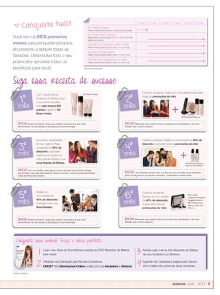 Você tem os SEIS primeiros
meses para conquistar produtos
de presente e adquirir todas as
Sessões. Desenvolva todo o seu
potencial e aproveite todos os
benefícios para você!
Imagens ilustrativas
1 Leia o seu Guia da Consultora e assista ao DVD Sessões de Beleza
sete vezes
2 Participe da Orientação para Novas Consultoras
ONDE? Nas Orientações Online ou fale com sua Iniciadora e Diretora
Conquiste seus sonhos! Faça o início perfeito.Conquiste seus sonhos! Faça o início perfeito.
3 Assista pelo menos três Sessões de Beleza
da sua Iniciadora ou Diretora
4 Agende oito Sessões e realize pelo menos
cinco delas nas próximas duas semanas.
applause Junho 2012 9
* Sem itens promocionais
1º mês 2º mês 3º mês 4º mês 5º mês 6º mês
Kit Boas-vindas
Pedido mínimo de 600 pontos* no mês em que se iniciou
Kit Próximos Passos
Pedido mínimo de 600 pontos* no 2º, 3º, 4º, 5º ou 6º mês
depois que se iniciou
Sessão de Cuidados com a Pele
Pedido mínimo de 600 pontos* entre o 1º e o 6º mês
Sessão de Maquiagem
Pedido mínimo de 600 pontos* entre o 1º e o 6º mês
Sessão de Fragrâncias e Spa
Pedido mínimo de 600 pontos* entre o 1º e o 6º mês
a Conquiste tudo!
Siga essa receita de sucesso:
1º
mês
Siga essa receita de sucesso:
11ºº
Siga essa receita de sucesso:
11 2º
mês
Siga essa receita de sucesso:
22ºº
Siga essa receita de sucesso:
22
+
DICA! Nesse momento, foque seu pedido nos produtos que você
demonstrará na sua Sessão e já pratique a pronta entrega!
DICA! Balanceie seu pedido entre os produtos da sua Sessão e da nova
Sessão que você irá adquirir.
Com a ajuda da sua
Iniciadora ou Diretora, faça
o seu primeiro pedido
com pelo menos 600
pontos e ganhe o Kit
Boas-vindas.
Continue vendendo, realize um novo pedido e aproveite
todas as promoções do mês!
Kit Boas-Vindas
Kit Próximos Passos
Kit Boas-Vindas
3º
mês
33ºº33 4º
mês
44ºº44
+
Aumente a lucratividade
do seu negócio! Faça
um pedido de 40% de
desconto e aproveite
todas as promoções do
mês! Adquira também uma
nova Sessão de Beleza.
Continue vendendo. Realize um novo pedido de 40% de
desconto e aproveite todas as promoções do mês!
Kit Solução Diurna e
Noturna TimeWise®
DICA! Com um pedido maior, faça um bom estoque para a pronta entrega
dos produtos das suas três Sessões. Nesse momento, você já poderá demonstrar
todas as linhas de produtos!
DICA! Uma Sessão sempre leva a outra, por isso convide as participantes
para um segundo e um terceiro encontro, conhecendo outras linhas.
5º
mês
55ºº55 6º
mês
66ºº66 Mini Loção
Corporal Firmadora
Targeted-Action +
Mini Creme para
Mãos e Colo com
FPS 15.
Realize um
novo pedido de
40% de desconto
e adquira mais uma
Nova Sessão.
Continue vendendo.
Realize um novo pedido
de 40% de desconto
e aproveite todas as
promoções do mês!
DICA! Nesse momento, foque seu pedido nos produtos que você
demonstrará na sua Sessão e já pratique a pronta entrega!
DICA! Balanceie seu pedido entre os produtos da sua Sessão e da nova
Sessão que você irá adquirir.
Kit Solução Diurna e
Noturna TimeWise
Kit Solução Diurna e
Noturna TimeWise
Kit Solução Diurna e
Noturna TimeWise
 