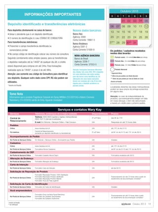 Localidades distantes das áreas metropolitanas
podem ter seus prazos de entrega acrescidos
em alguns dias.
Atenção: no caso de indisponibilidade de
produtos, que eventualmente estejam em falta
em nosso estoque, o item não será enviado
e haverá um crédito para o próximo pedido.
INFORMAÇÕES IMPORTANTES
Serviços e contatos Mary Kay
Serviços Telefones, endereços de e-mail e website Disponibilidade Prazos
Central de
Relacionamento
Telefone: 4003-4620 (capitais e regiões metropolitanas)
0800-163113 (demais localidades)
2ª a 6ª feira das 8h às 17h*
E-mail: Em Sintonia > Serviços Online > Fale Conosco 24h Respostas em até 72 horas úteis
Pedidos
Online www.marykay.com.br 24h até 17h* do dia 31/10
Por telefone
Central de Relacionamento
(somente por depósito identiﬁcado ou transferência)
2ª a 6ª feira de 8h* do dia 01/10 até 17h* do dia 26/10
Acompanhamento de Pedido
No Portal de Serviços Online Em Sintonia > Serviços Online > Acompanhe seu Pedido 24h Imediato
Cadastros
Online www.marykay.com.br 24h até 17h* do dia 31/10
No Portal de Serviços Online Formulários Novos Cadastros 24h de 8h* do dia 01/10 até 17h* do dia 26/10
Cadastramento de CEP
No Portal de Serviços Online Formulário Cadastro Novos Cep´s 24h Formulários recebidos até 29/10
Alteração de Endereço
No Portal de Serviços Online Formulário Alteração de Endereço 24h Formulários recebidos até 26/10
Carta de Intenção
No Portal de Serviços Online Formulário Carta de Intenção 24h até dia 05/10
Solicitação de Reposição de Produto
No Portal de Serviços Online
Formulário Reposição Produto 100% Satisfação
Formulário Reposição Produto daniﬁcado
Formulário Reposição Produto faltante
Formulário Troca de Traje sugerido
24h
Posicionamento em até 72 horas úteis a partir do
recebimento da documentação completa**
Solicitação de Carta de Identiﬁcação
No Portal de Serviços Online Formulário de Carta de Identiﬁcação 24h Imediato
Você empreendedora
No Portal de Serviços Online
Formulário Envio de Nota Fiscal Eletrônica
Formulário de Cadastro de Empresa
Formulário de Cadastro Autônoma
24h
Posicionamento em até 72 horas úteis a partir
do recebimento da documentação completa**
* Horário de Brasília
** via notiﬁcação
* Pagamento Bônus
** Último dia para pedidos com Boleto Bancário
*** Último dia para pedidos por meio de Débito em Conta
(Horário de Brasília)
Período verde - Em média 5 dias úteis para entrega.
Período lilás - Em média 8 dias úteis para entrega.
Período rosa - Em média 10 dias úteis para entrega.
Os pedidos / cadastros recebidos
nestes dias levarão:
applause Outubro 2013 19
Tome Nota
Informamos que o produto Fragrância Corporal em Spray MKMen (10-020104) e Batom Cremoso
Raisinberry (10-022935) sairão de linha. Aguarde novidades!
Depósito identiﬁcado e transferências eletrônicas
Nossos dados bancários:
Atenção: transações bancárias diferentes
das citadas, tais como DOC,TED e depósito
em caixa eletrônico não serão aceitas,
pois não temos como identiﬁcá-las. As
alterações dos seus dados bancários
devem ser enviadas até o dia 25 do mês
vigente para o depósito acontecer no
período correto.
NOVA AGÊNCIA BANCÁRIA
Banco do Brasil
Agência: 3336-7
Conta Corrente: 37553-5
Banco Itaú
Agência: 2000
Conta Corrente: 18661-5
Banco Bradesco
Agência 3381-2
Conta Corrente 51000-9
Para depósitos diretamente no caixa do banco:
• Avisar o atendente que é um depósito identiﬁcado
• O número de identiﬁcação é o seu CÓDIGO DE CONSULTORA
Para transferências eletrônicas:
• Preencher o campo transferência identiﬁcada ou
nomenclatura similar
• No campo código de identiﬁcação colocar seu número de consultora
Seguindo corretamente estes simples passos, para as transferências
e depósitos realizados até às 14h00* de qualquer dia útil, o crédito
estará disponível para compras em até 24hs. Para transações
realizadas após às 14h00*, o prazo é de até 48hs.
Atenção: use somente seu código de Consultora para identiﬁcar
seu depósito. Qualquer outro dado como CPF, RG não podem ser
utilizados.
* Horário de Brasília
Feriado Nacional
Outubro/ 2013Outubro/ 2013
D S T Q Q S S
01 02 03 04 05
06 07 08 09 10 11 12
13 14 15 16 17 18 19
20 21 22 23 24 25 26
27** 28 29 30*** 31
 