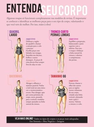 EntendaseucorpoAlgumas roupas só funcionam completamente nas modelos de revista. É importante
se conhecer e identiﬁcar as melhores peças para o seu tipo de corpo, valorizando o
que você tem de melhor. Por isso, mãos à obra!
Quadril
largo
OBJETIVO
Disfarçar a região
do quadril e chamar
a atenção para o colo
e pescoço.
Escolha peças com
babados nas mangas,
franzidos nos decotes,
brilhos e outros
destaques. As peças de
cima devem ﬁcar sempre
fora da calça ou saia.
Baixinhas
OBJETIVO
Alongar a silhueta o
máximo possível. Preﬁra
o look total em uma única
cor: o monocromático
escuro. Para alongar, opte
por cortes próximos do
corpo, secos, puxando
para a vertical e modelos
sempre ajustados na linha
natural da cintura.
Tronco curto
pernas longas
OBJETIVO
Equilibre a proporção,
balanceando a parte
superior com a
inferior. Para isso,
o truque é disfarçar
a linha natural da
cintura e valorizar
o comprimento
das pernas.
Tamanho GG
OBJETIVO
Procure chamar o
olhar dos outros
para as regiões
menos volumosas
do seu corpo,
criando uma linha
vertical e deixando
mais a pele à
mostra. Valorize
a cintura e o colo.
Veja mais online! Todos os tipos de corpos e as peças mais adequadas.
Em Sintonia  Meu Negócio  Imagem
largo pernas longas
 